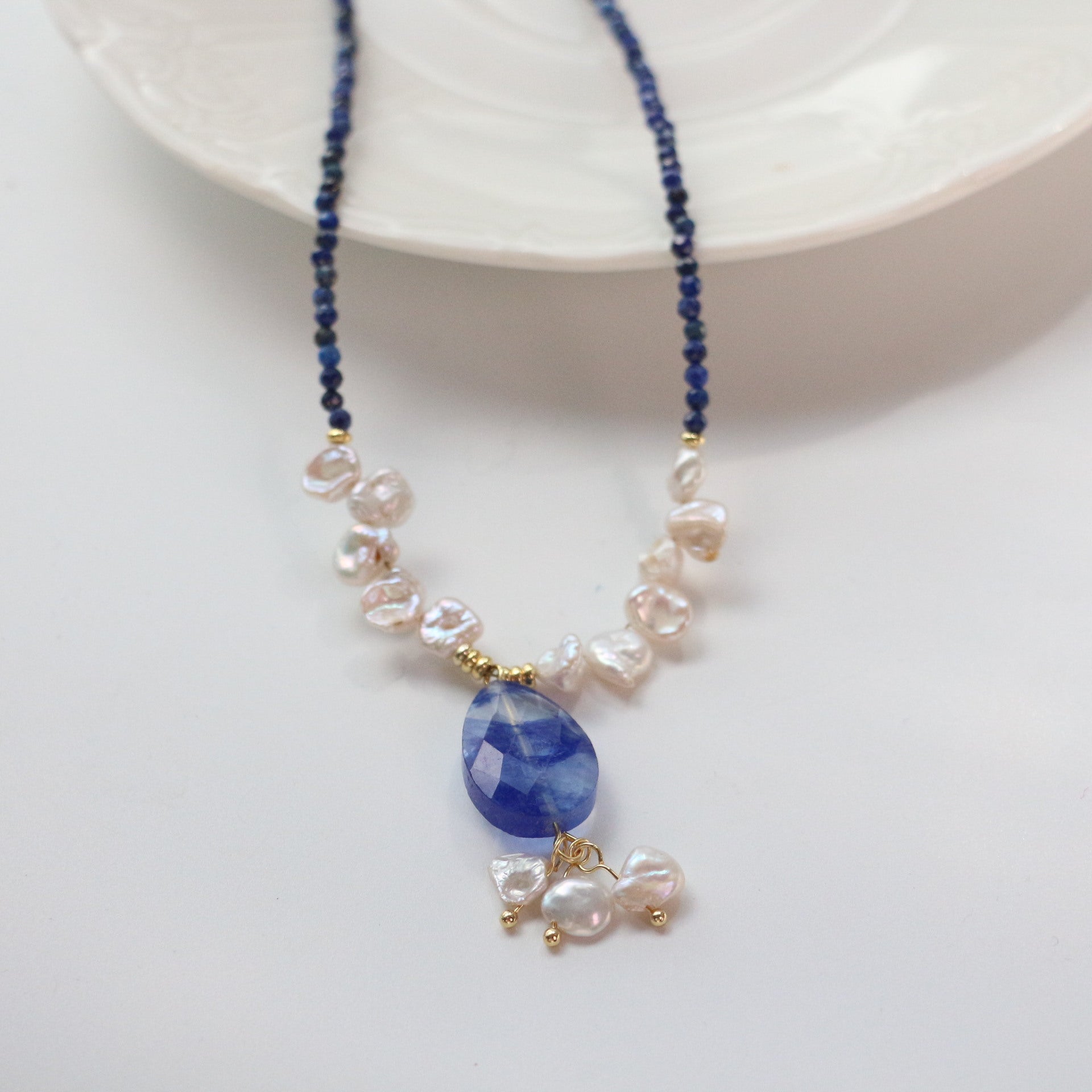 Jekira Lapis Lazuli & Petal Pearl Beaded Necklace and Earrings Set