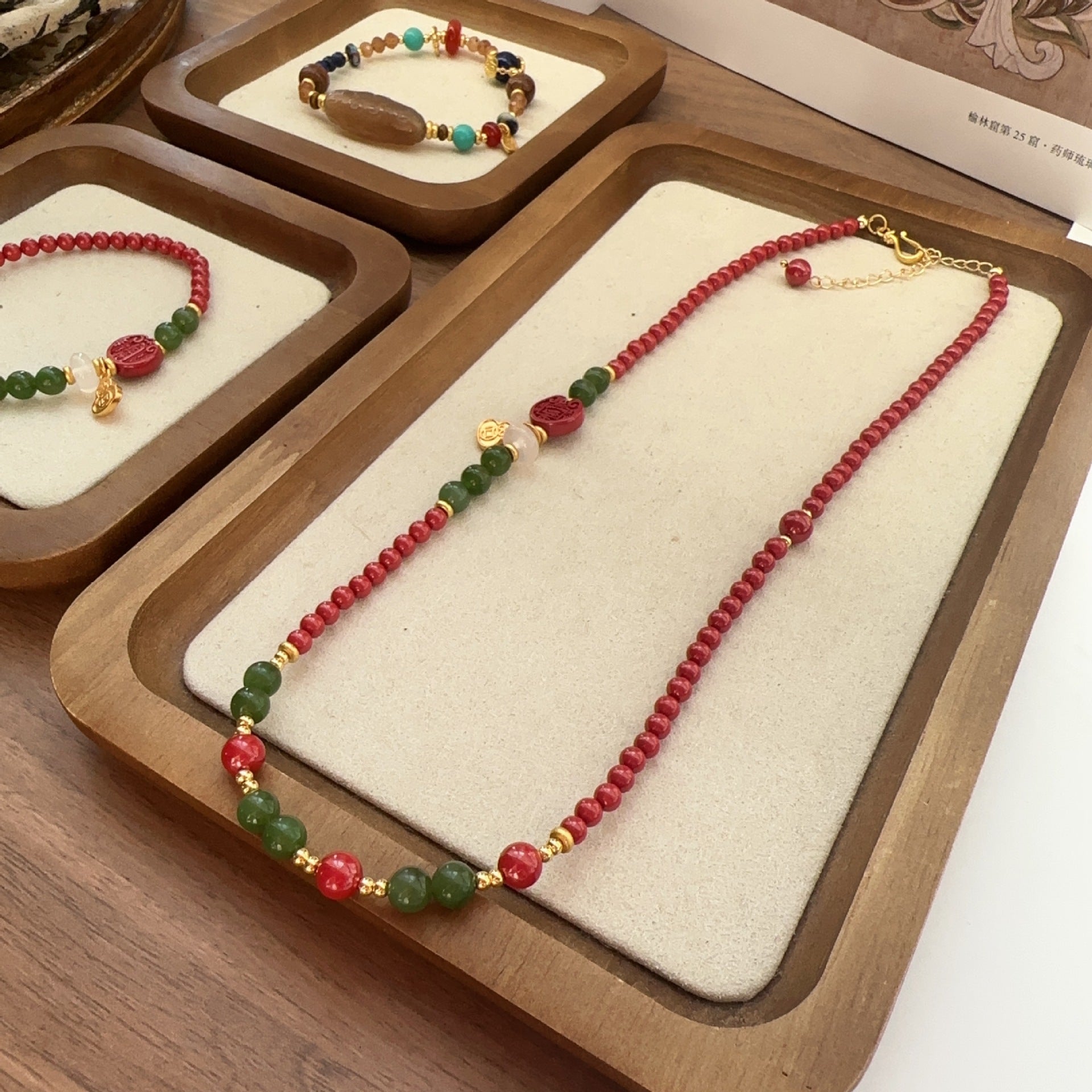 Imperial Sandstone & Emerald Jewelry Set with Gold Gourd Pendant - Jekira