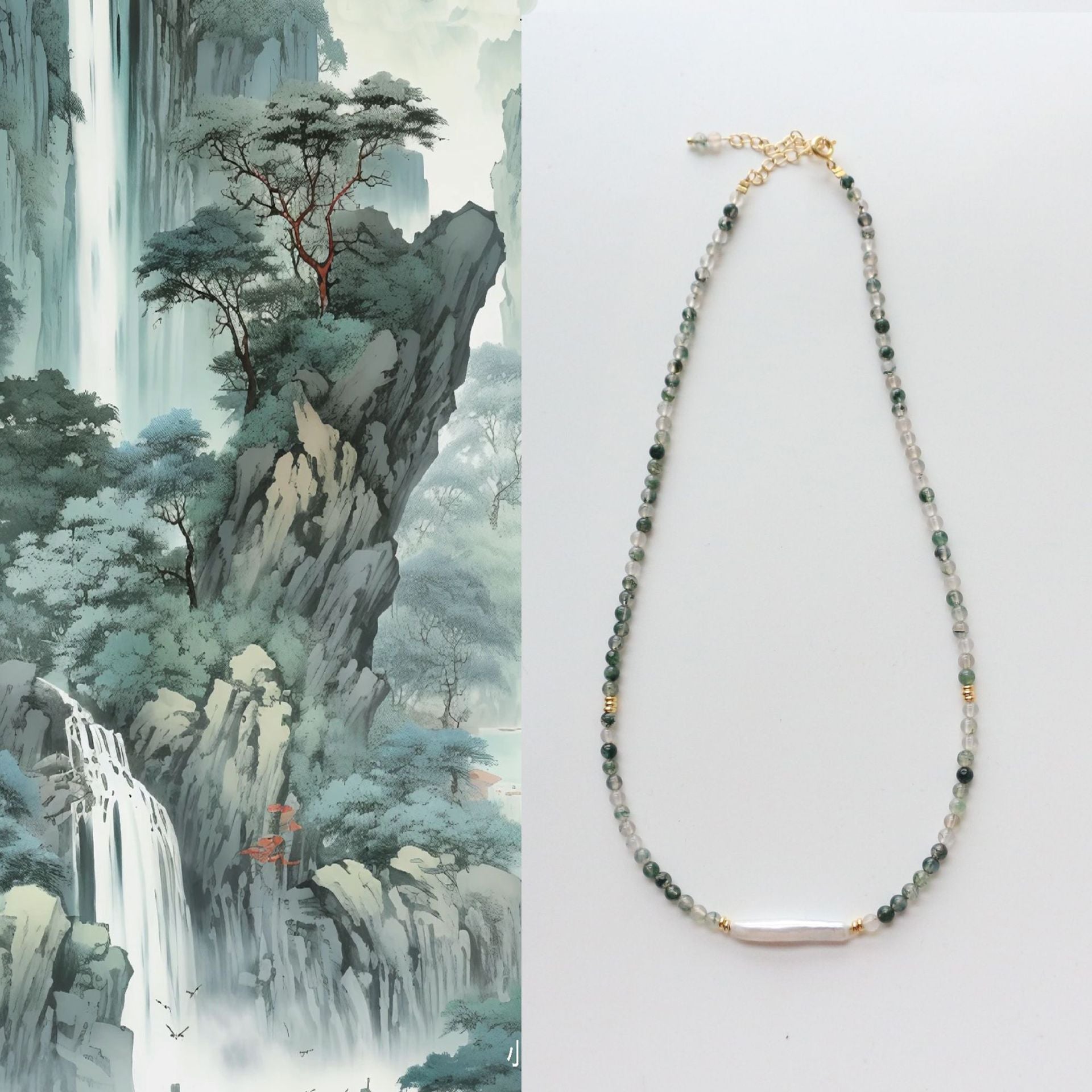 Jekira Green Agate & Baroque Pearl Necklace – 18K Gold Plated Copper, 39+6cm