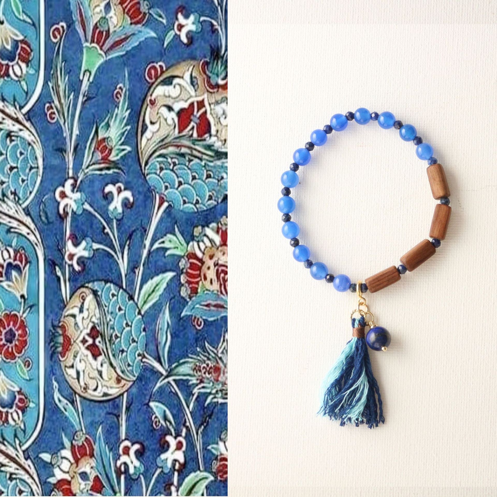 Jekira Blue Agate Lapis Lazuli Wood Bead Tassel Elastic Bracelet