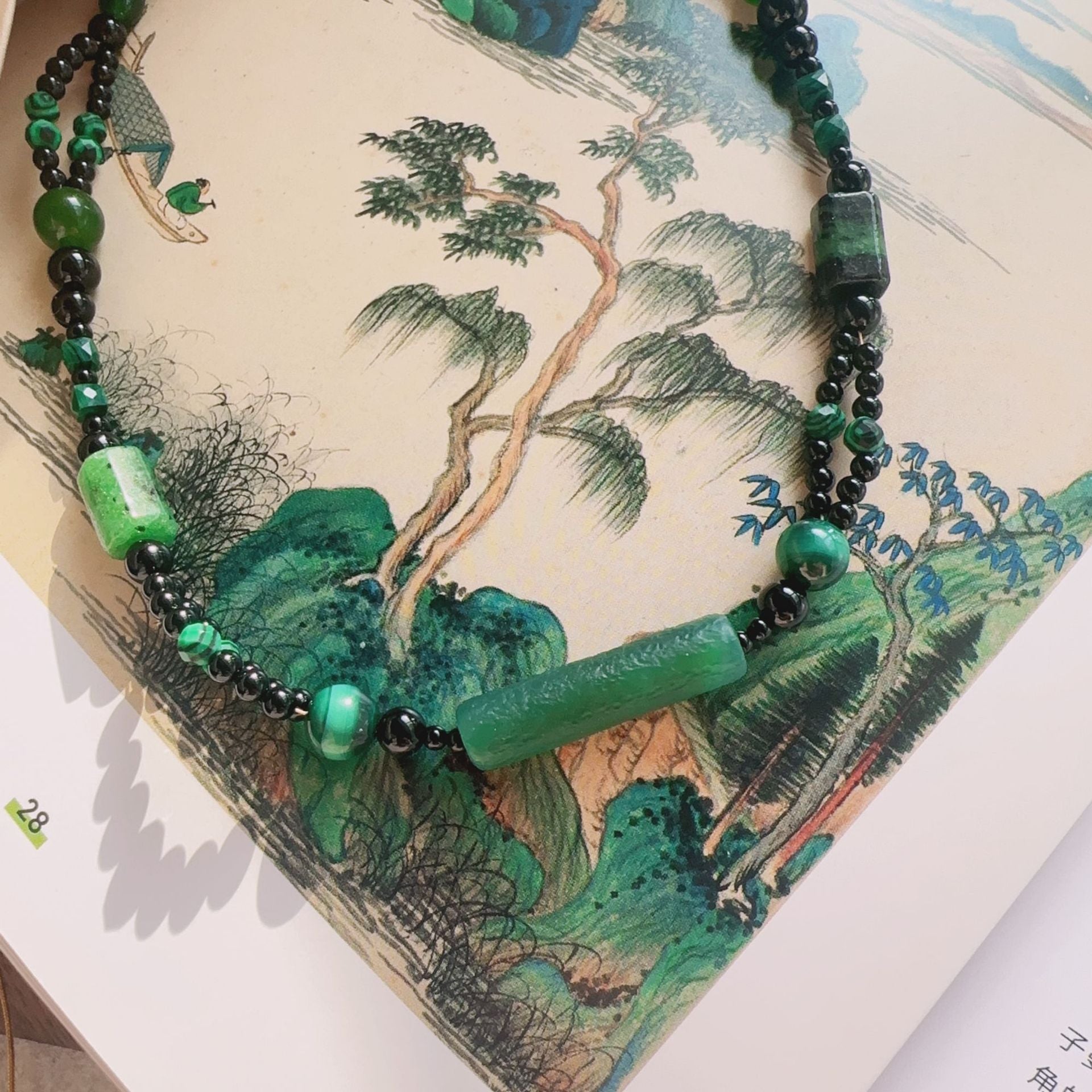 Jekira Black & Green Agate Necklace and Red & Black Agate Bead Necklace
