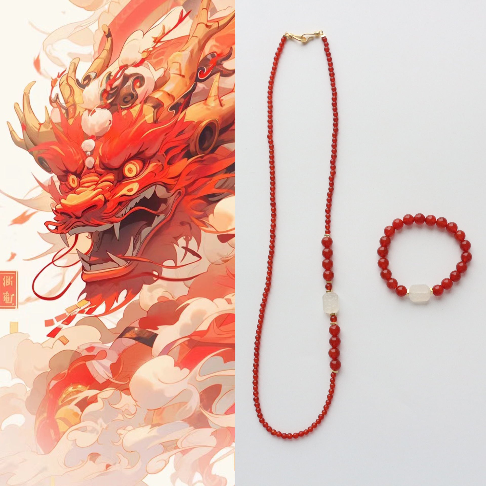 Jekira 7A Red Agate Long Necklace & Bracelet Set