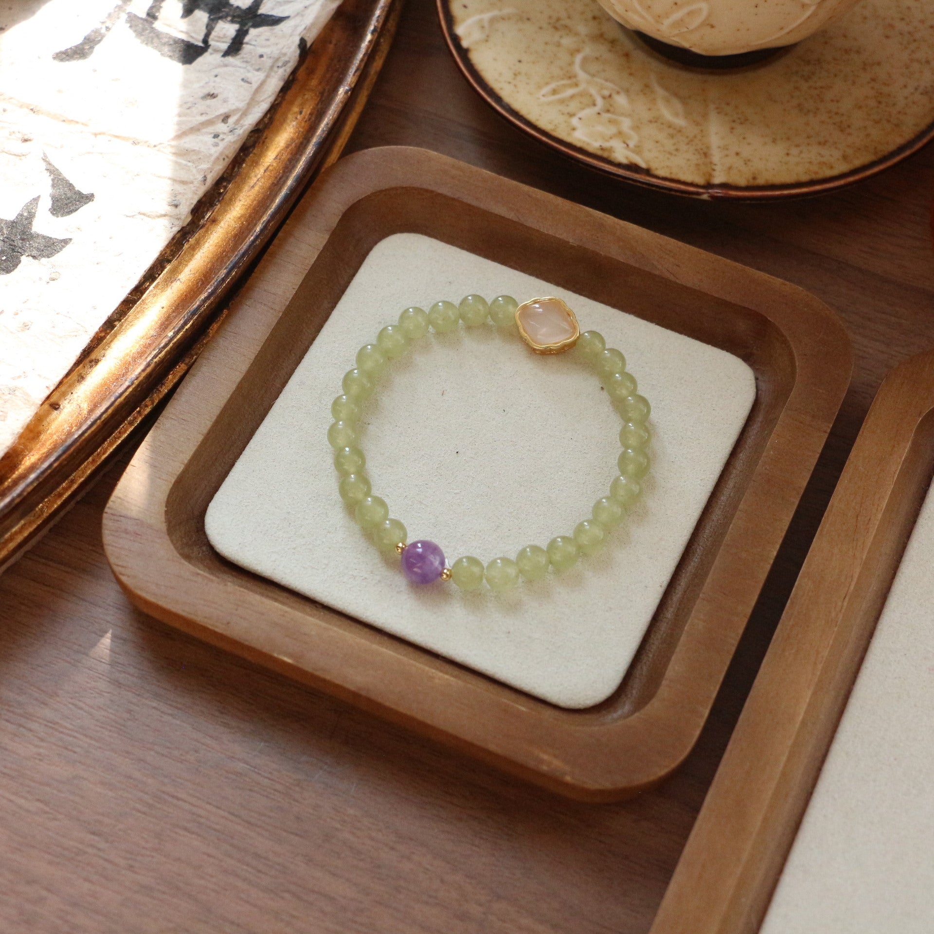 JEKIRA Celadon Quartz Beaded Bracelet with Amethyst & White Hetian Jade