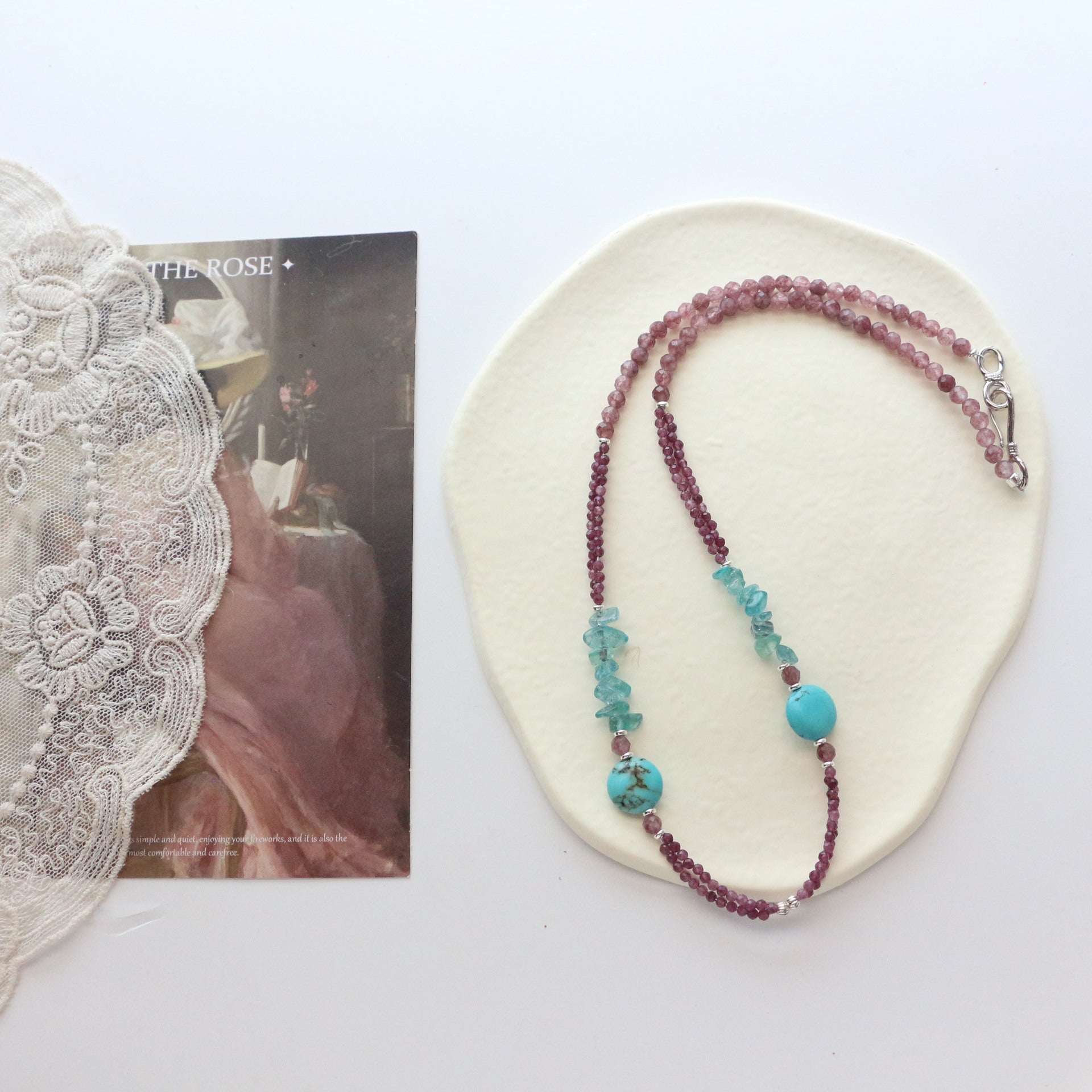 Jekira Lavender Stone & Turquoise Silver Necklace Set with 999 Pure Silver Lock Pendant