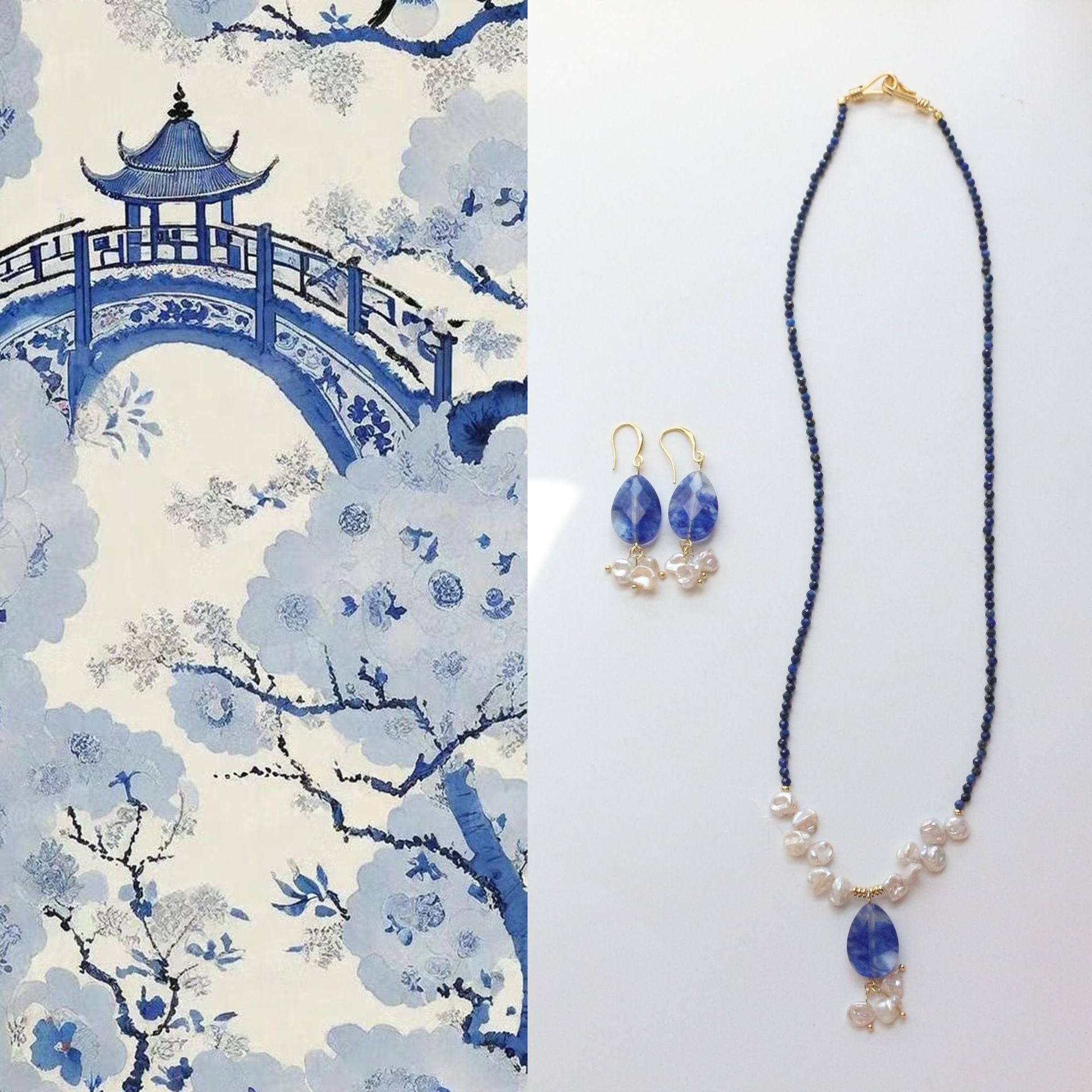Jekira Lapis Lazuli & Petal Pearl Beaded Necklace and Earrings Set