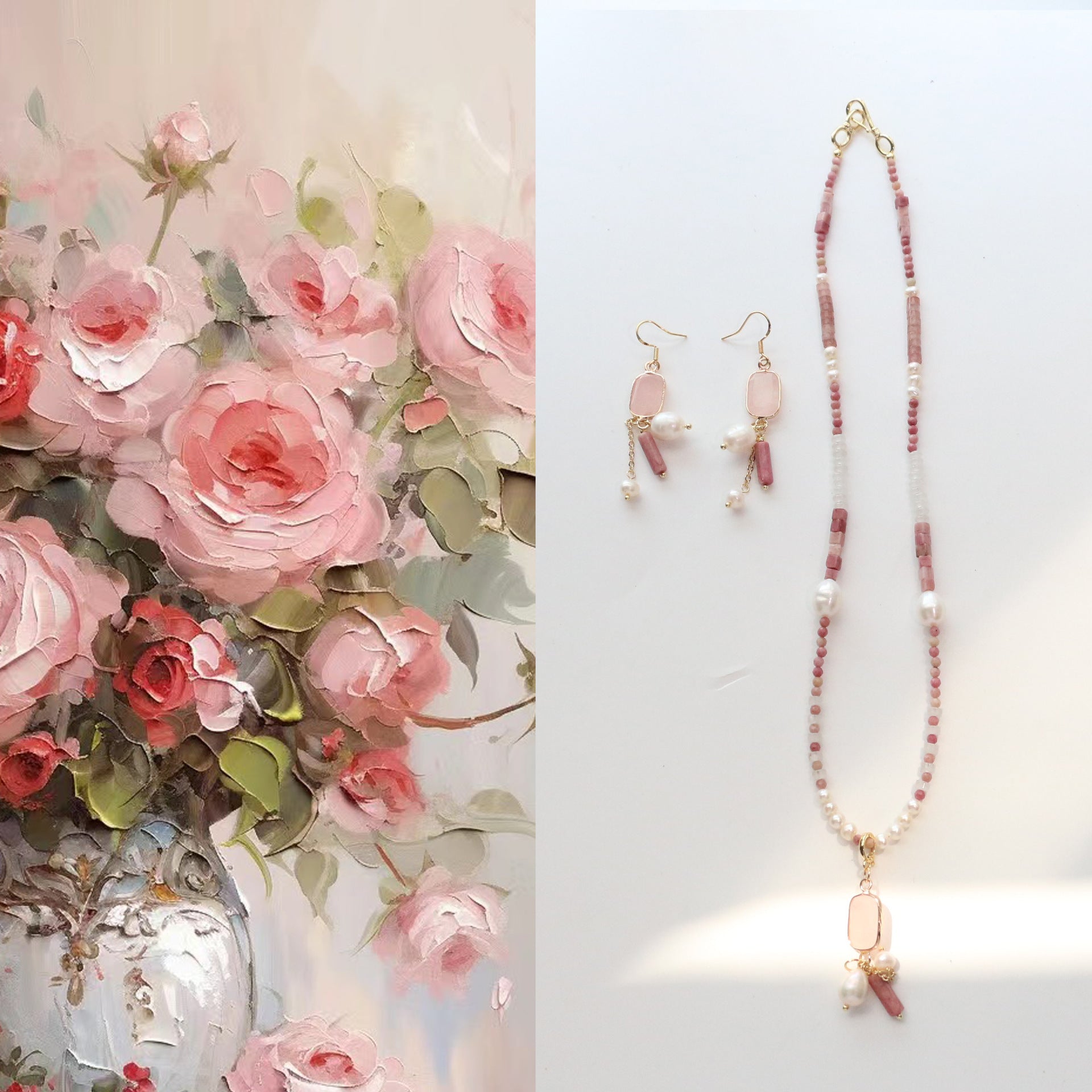 Jekira Rhodonite & Rose Quartz Healing Set (47cm Necklace + 925 Silver Earrings)