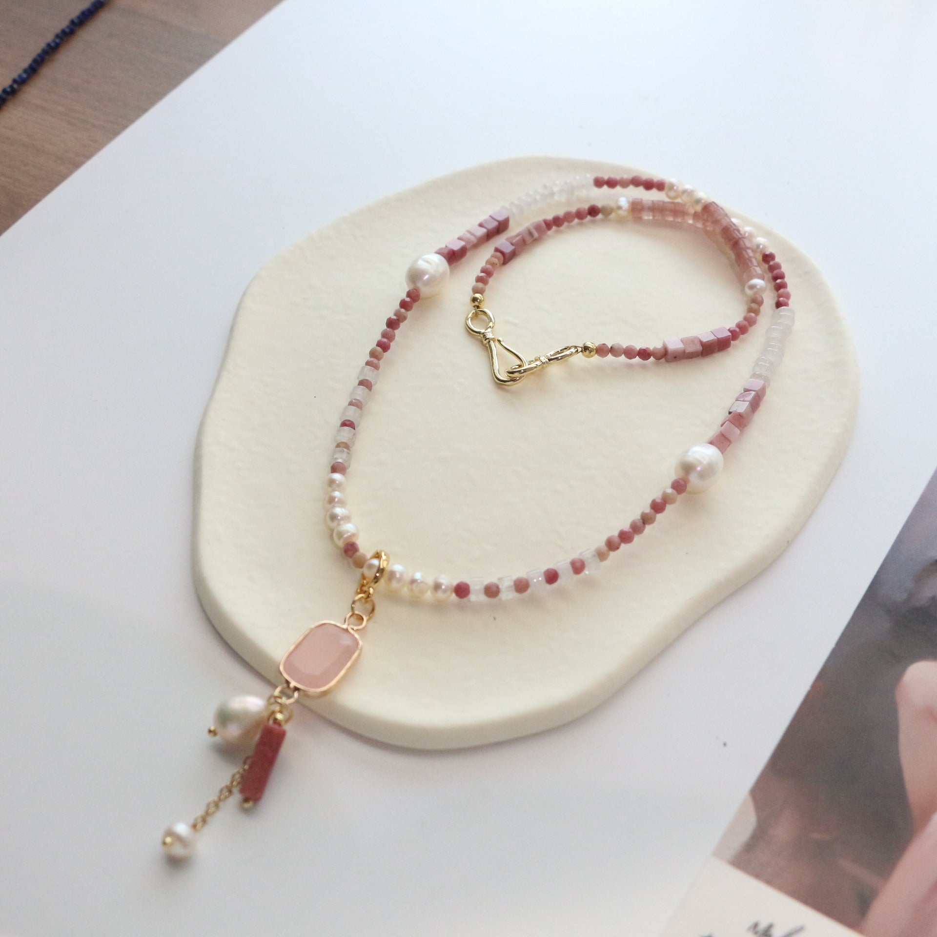 Jekira Rhodonite & Rose Quartz Healing Set (47cm Necklace + 925 Silver Earrings)