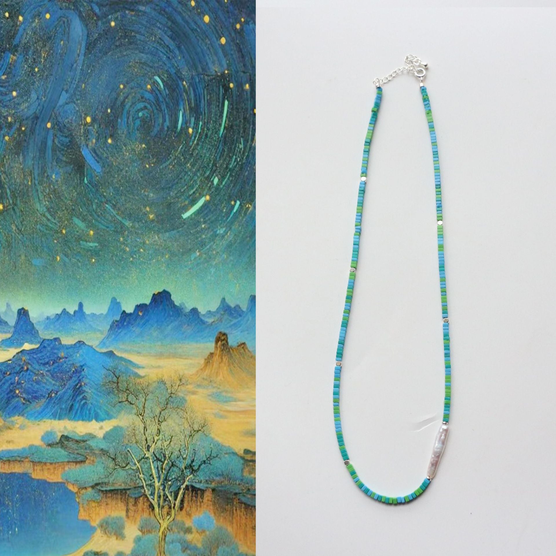 JEKIRA Magnesite Turquoise & Baroque Pearl Necklace – 42+6cm