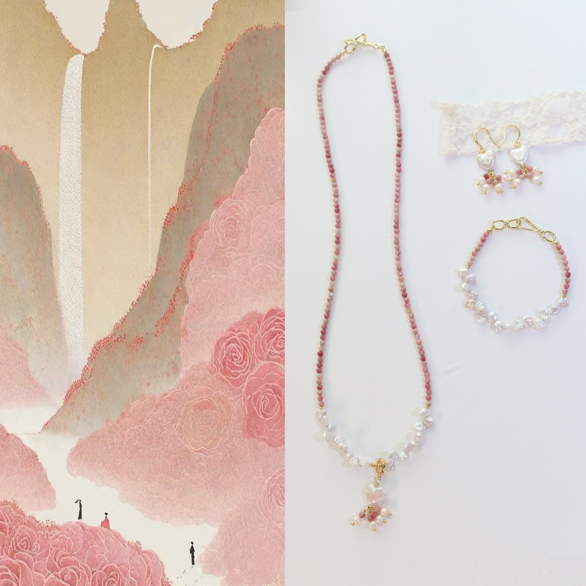 JEKIRA Natural Rhodonite Baroque Pearl Jewelry Set