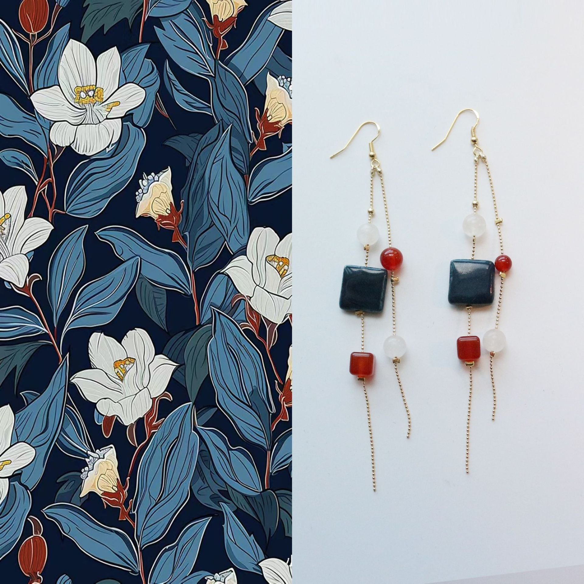Jekira Long Tassel Earrings with Blue Gemstone, Red Agate & White Jade