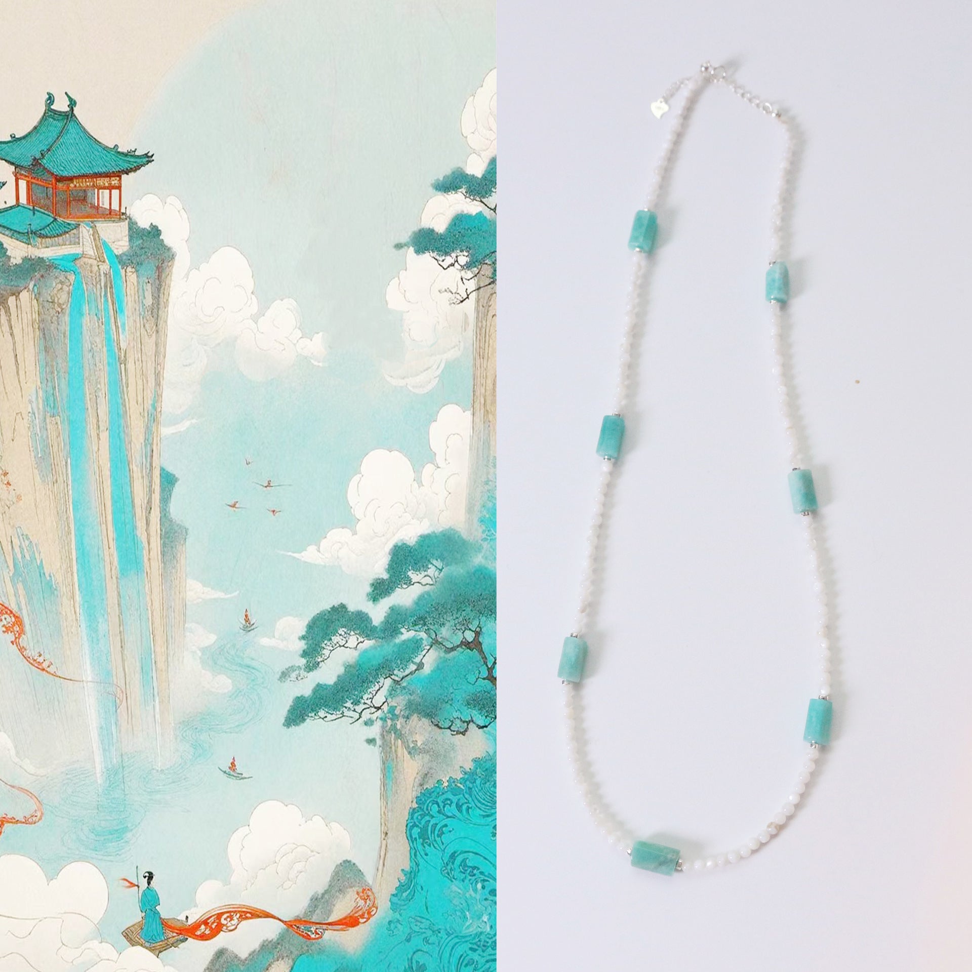 Jekira Amazonite & Shell Bead Necklace and 925 Silver Earrings Set