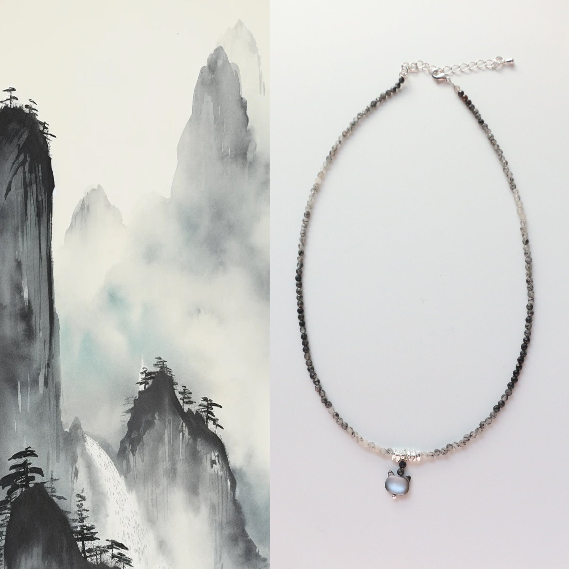 JEKIRA Black Crystal & Shell Cat Pendant Necklace Set