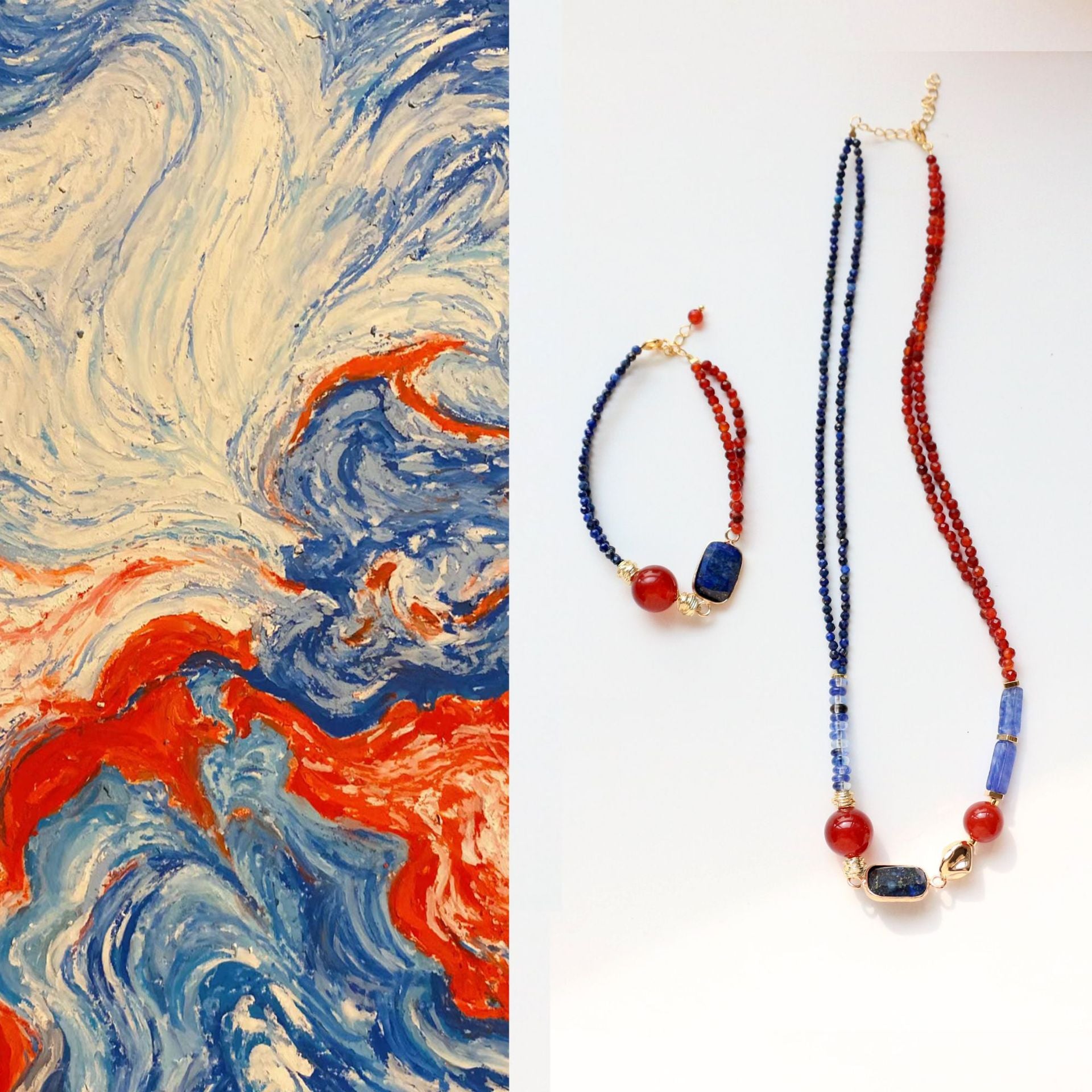 Jekira Lapis Lazuli & Red Agate Beaded Necklace and Bracelet Set
