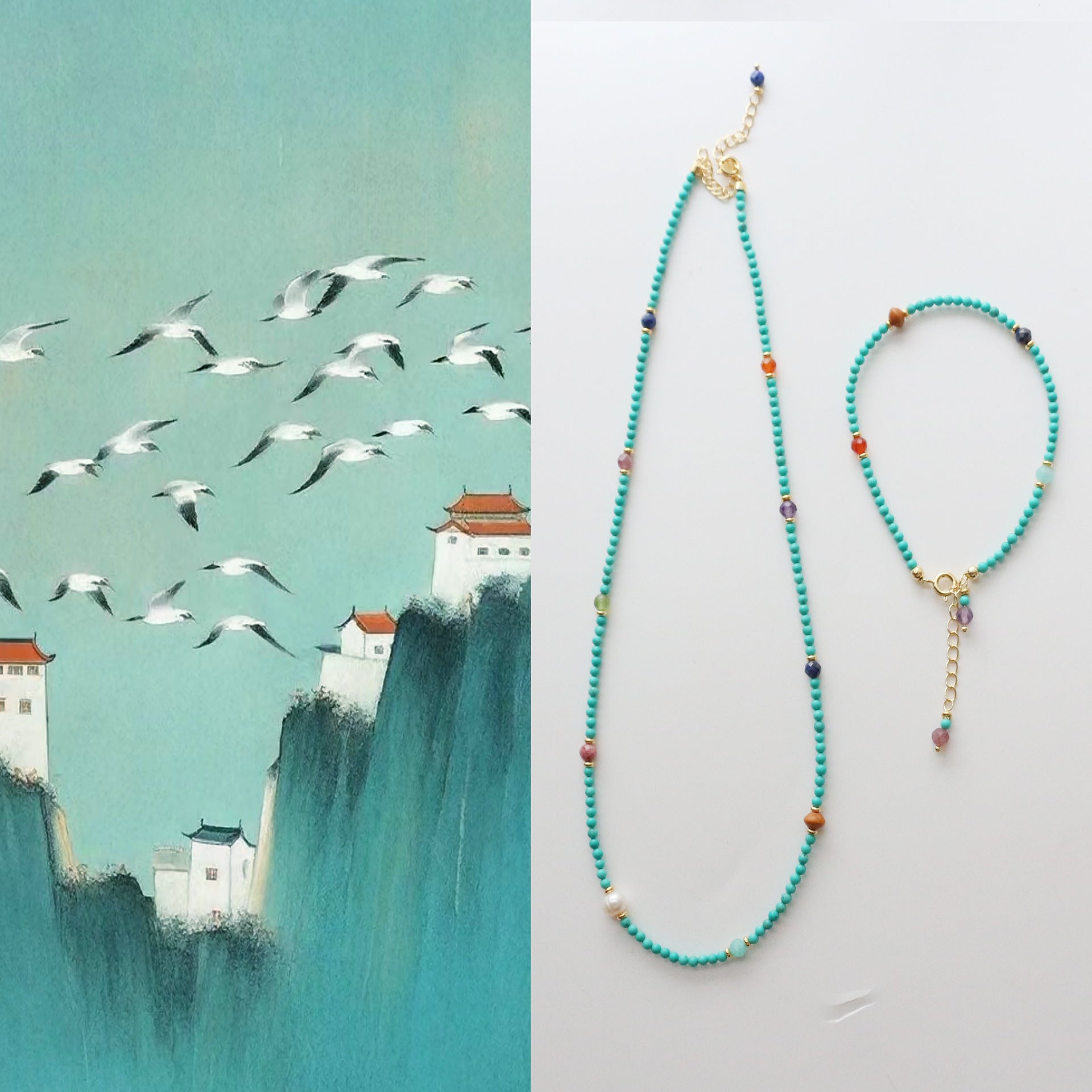 JEKIRA Rainbow Magnesite Turquoise Multi-Gem Necklace & Bracelet Set
