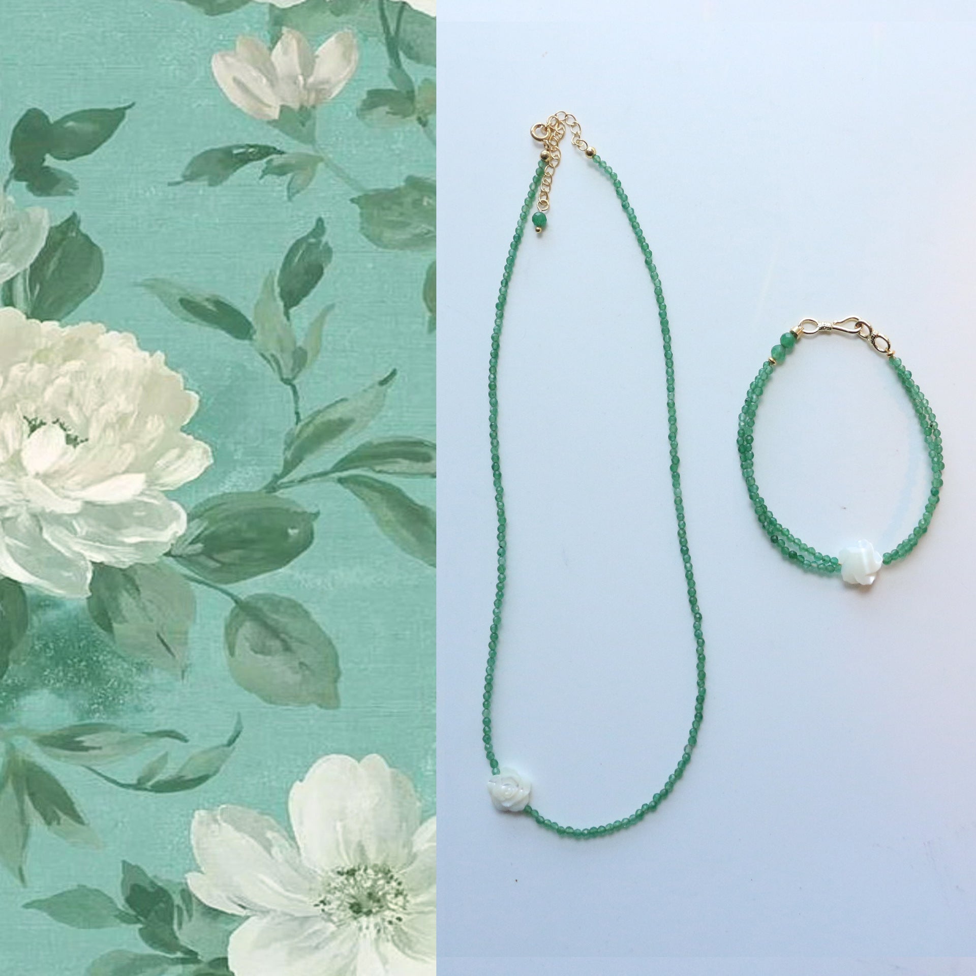 Jekira 3D Shell Rose & Green Agate Jewelry Set