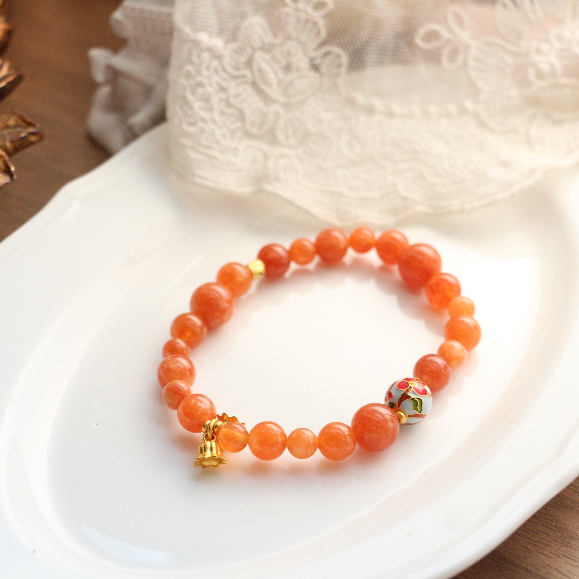 JEKIRA Orange Carnelian & Enamel Lily of the Valley Bracelet