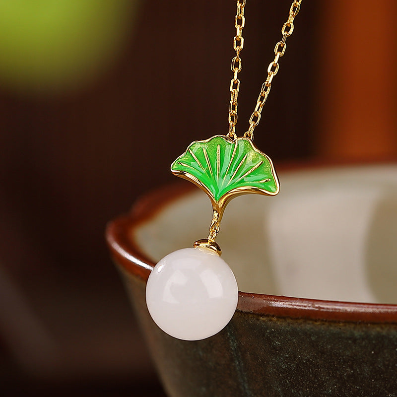 S925 sterling silver white jade ginkgo leaf round bead jewelry