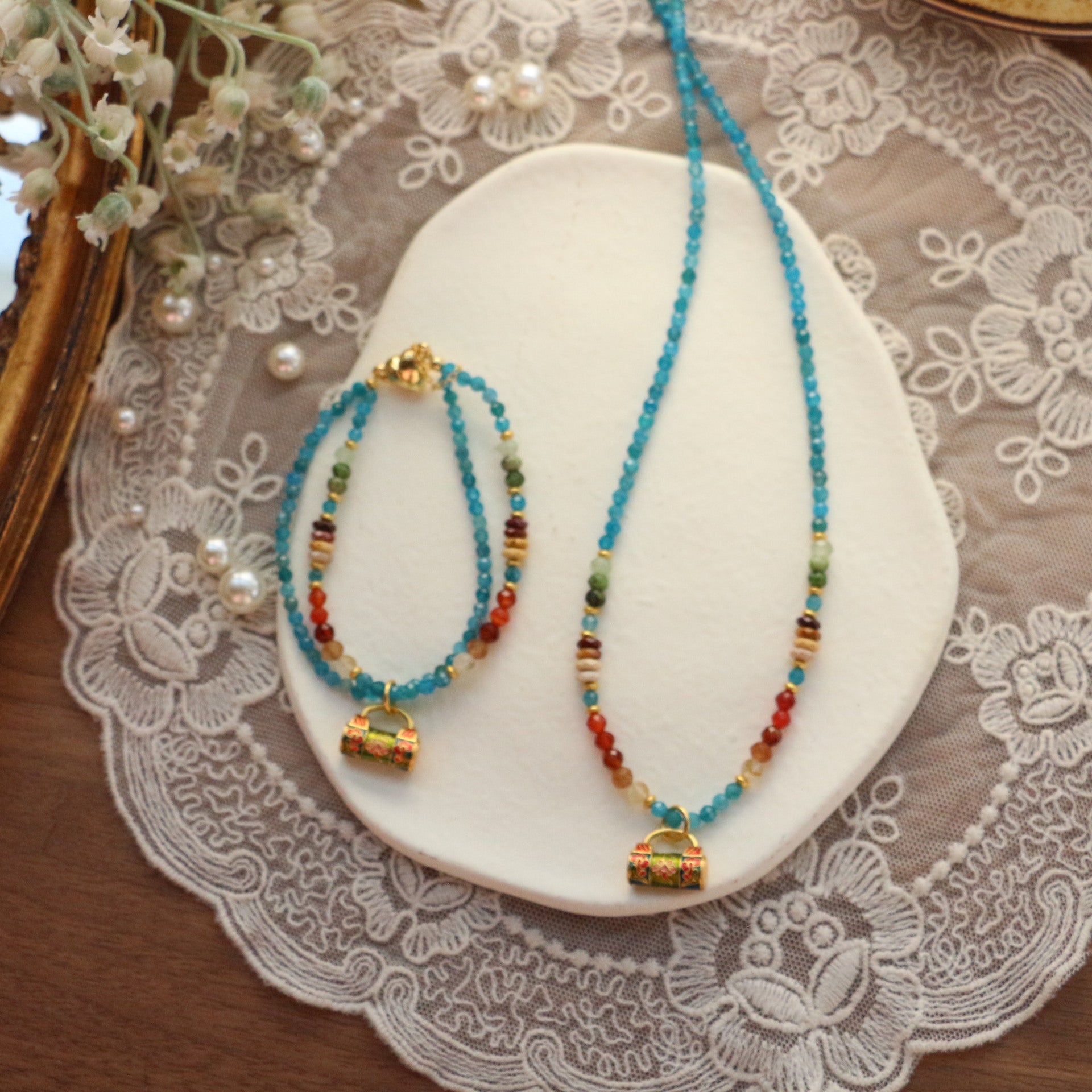 Jekira Colorful Gemstone Beaded Necklace & Double-Layer Bracelet