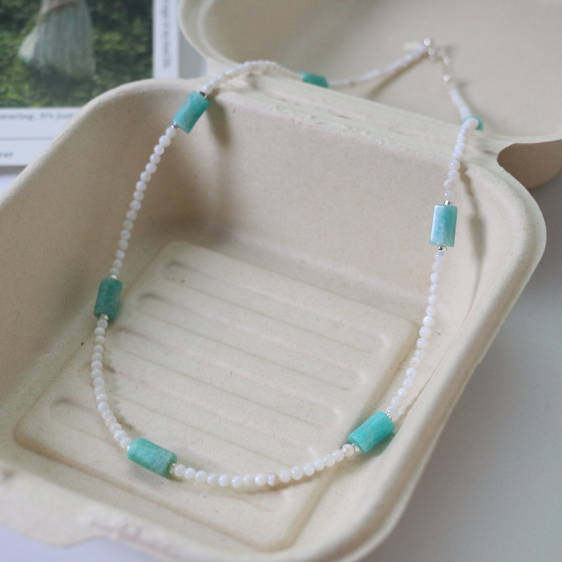 Jekira Amazonite & Shell Bead Necklace and 925 Silver Earrings Set