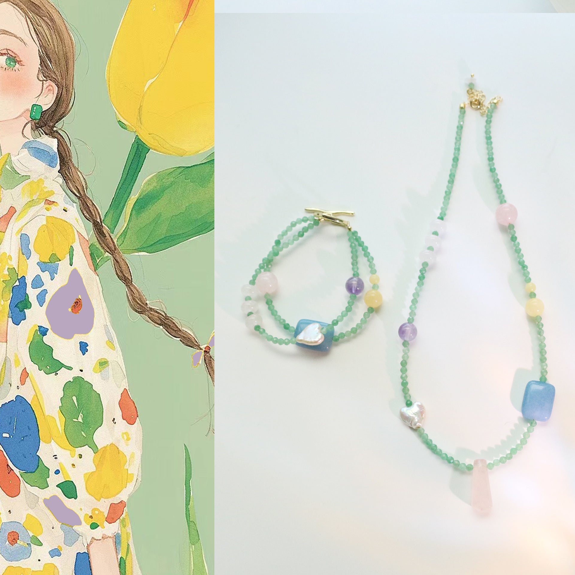 Jekira Natural Green Gemstone & Baroque Pearl Jewelry Set (Necklace+Bracelet)