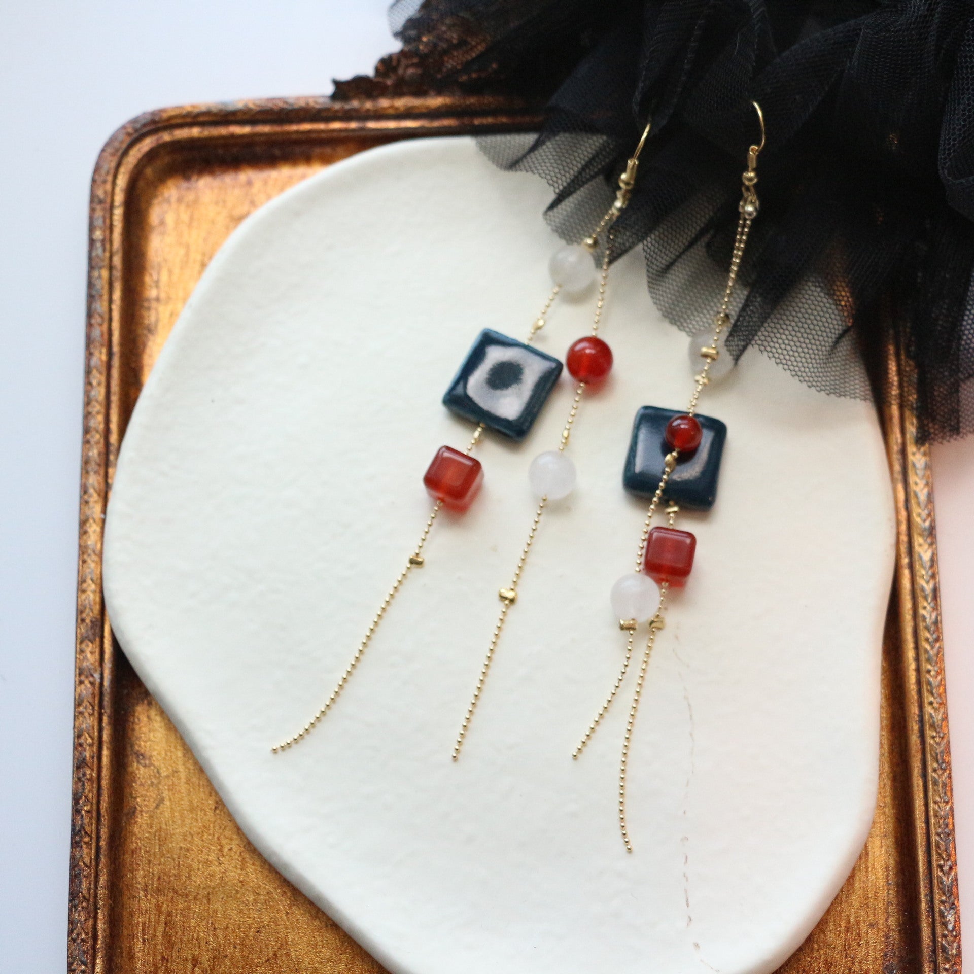 Jekira Long Tassel Earrings with Blue Gemstone, Red Agate & White Jade