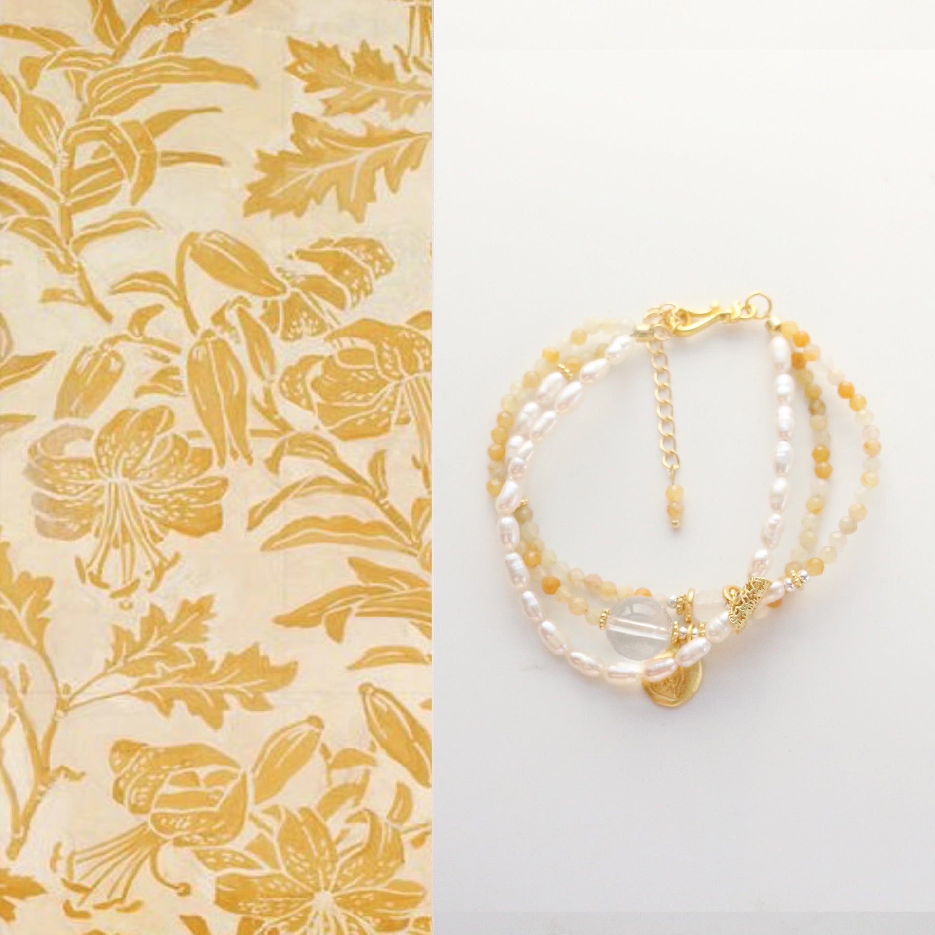 JEKIRA Autumn-Inspired Triple-Layer Yellow Jade & Baroque Pearl Bracelet