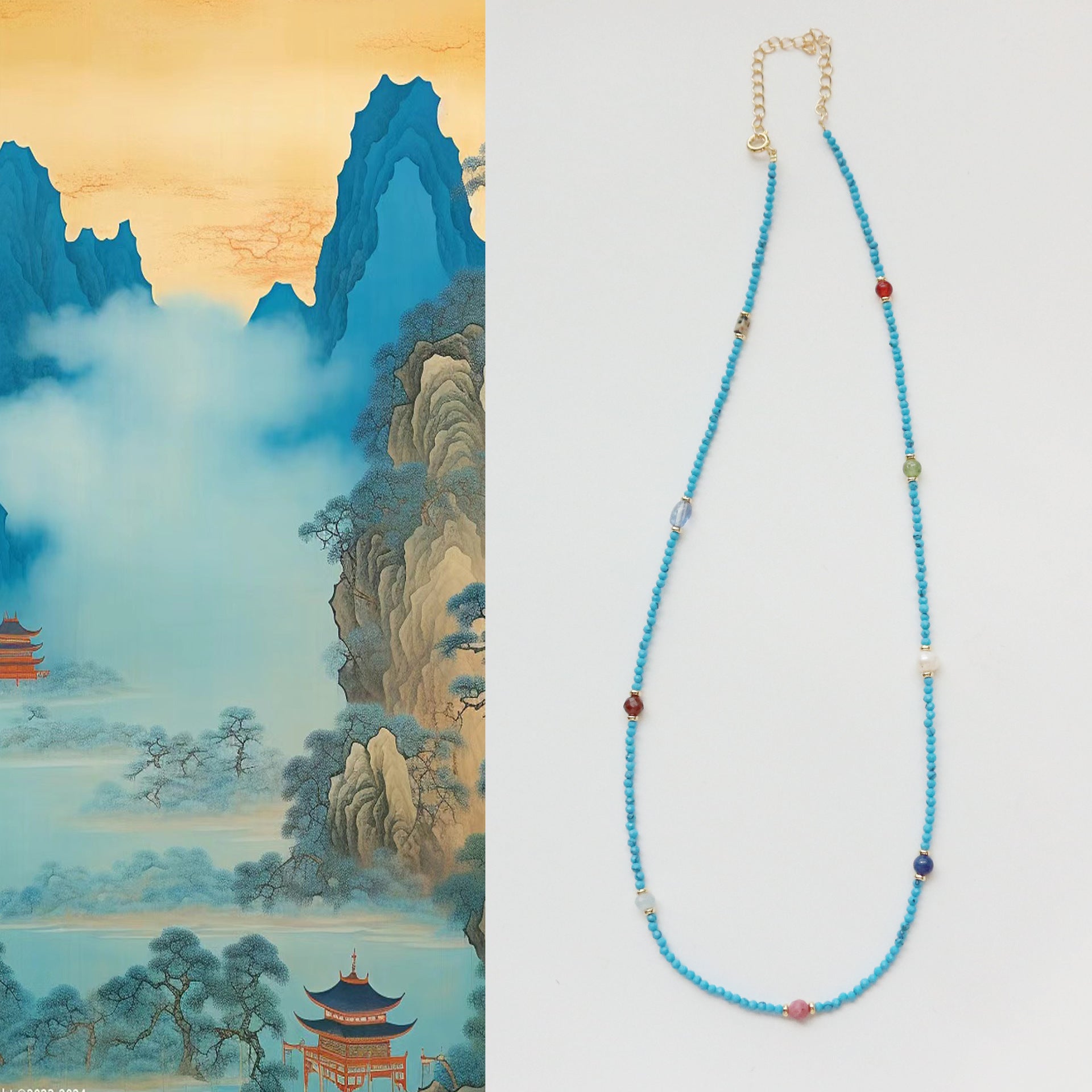 Jekira Multigem Turquoise & Pearl Adjustable Necklace – Minimalist Summer Jewelry