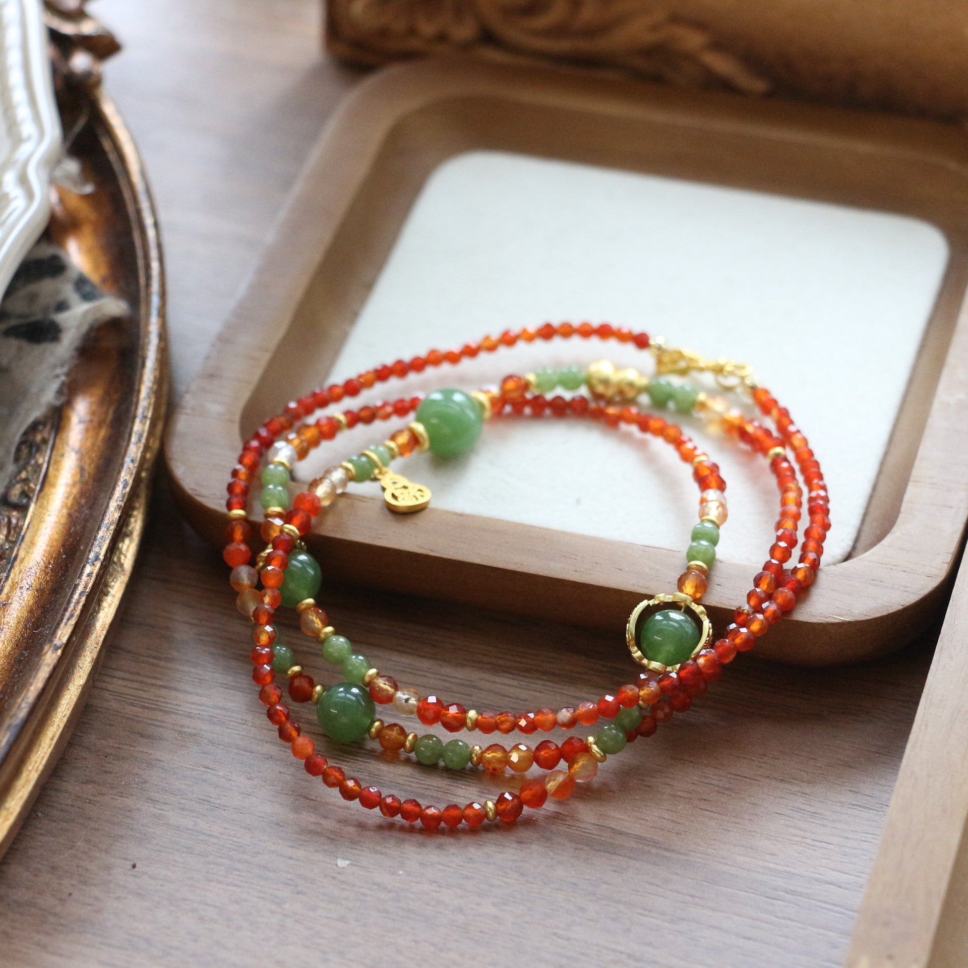 Jekira Retro New Chinese Red Agate & Green Chrysoprase Jewelry Set