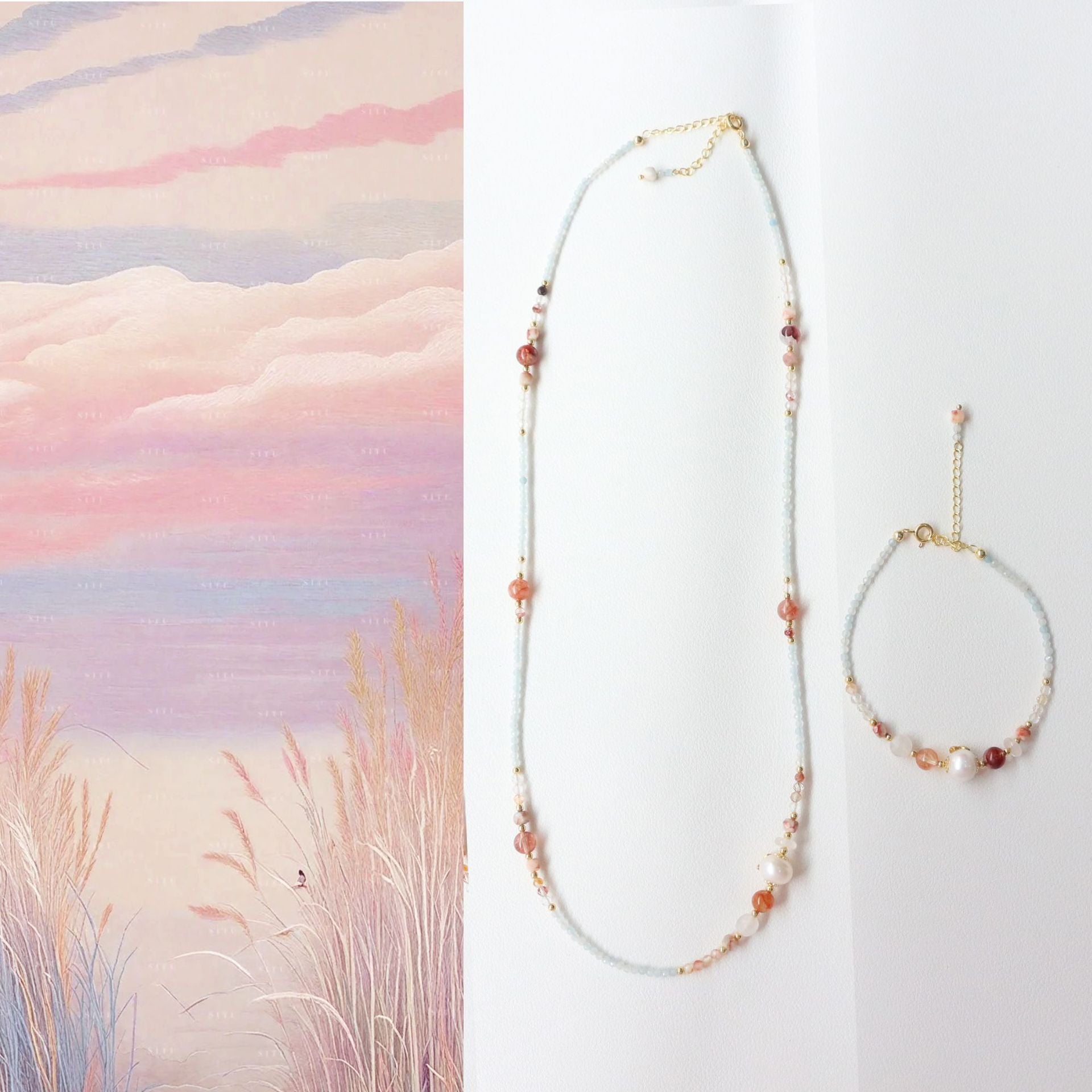 JEKIRA Red Phantom Quartz & Aquamarine Delicate Set