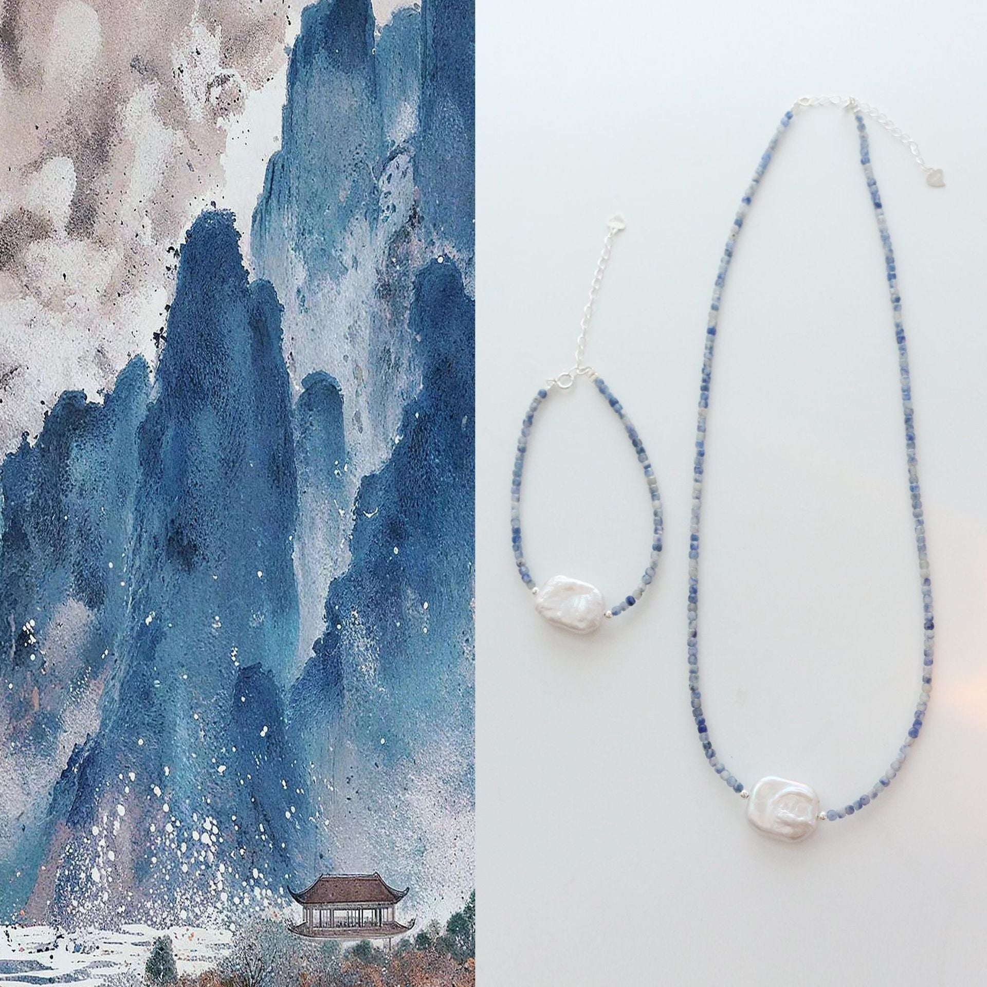 Jekira Blue Lace Agate & Pearl Set – 925 Silver Necklace & Bracelet