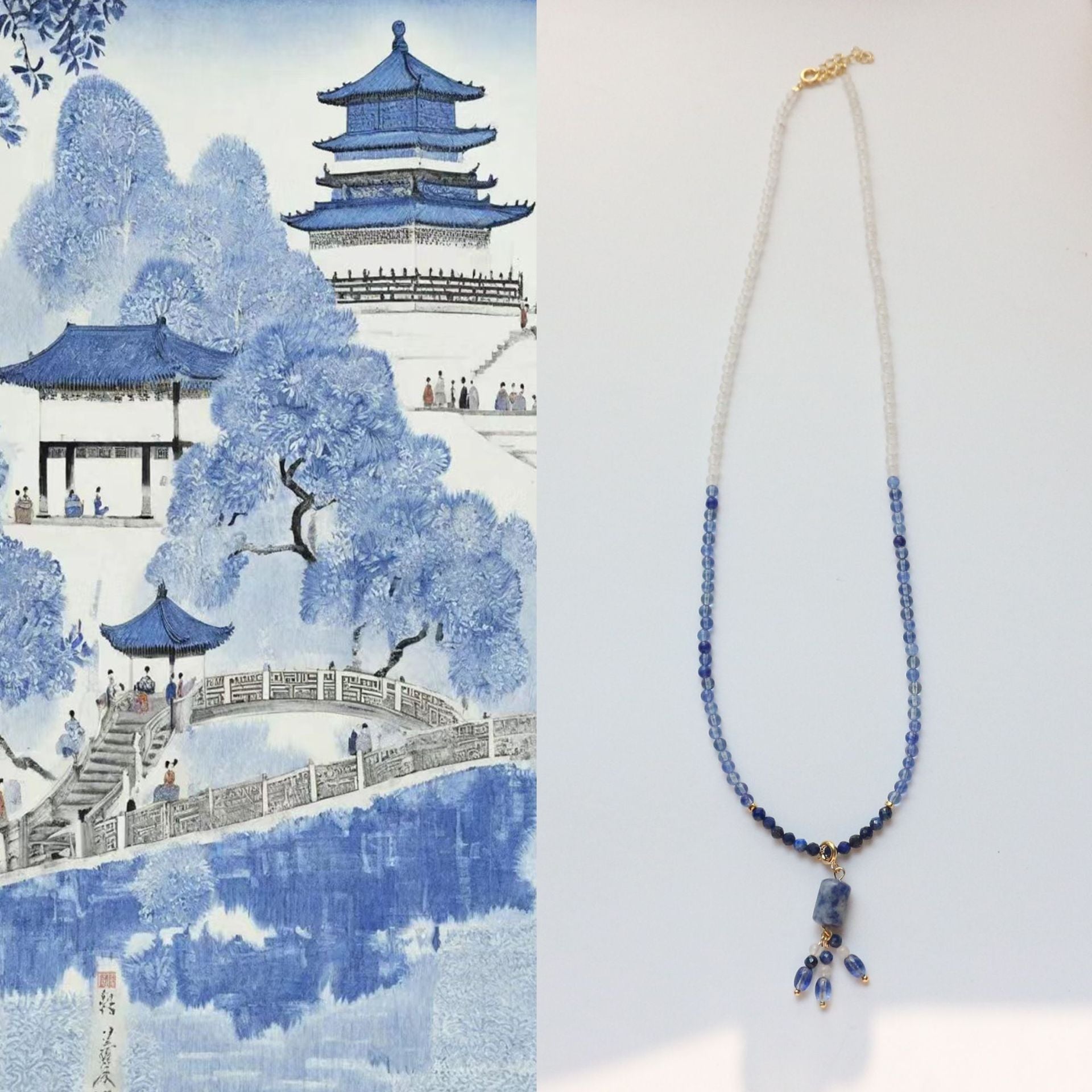 Jekira Blue & White Gemstone Beaded Necklace with Removable Pendant