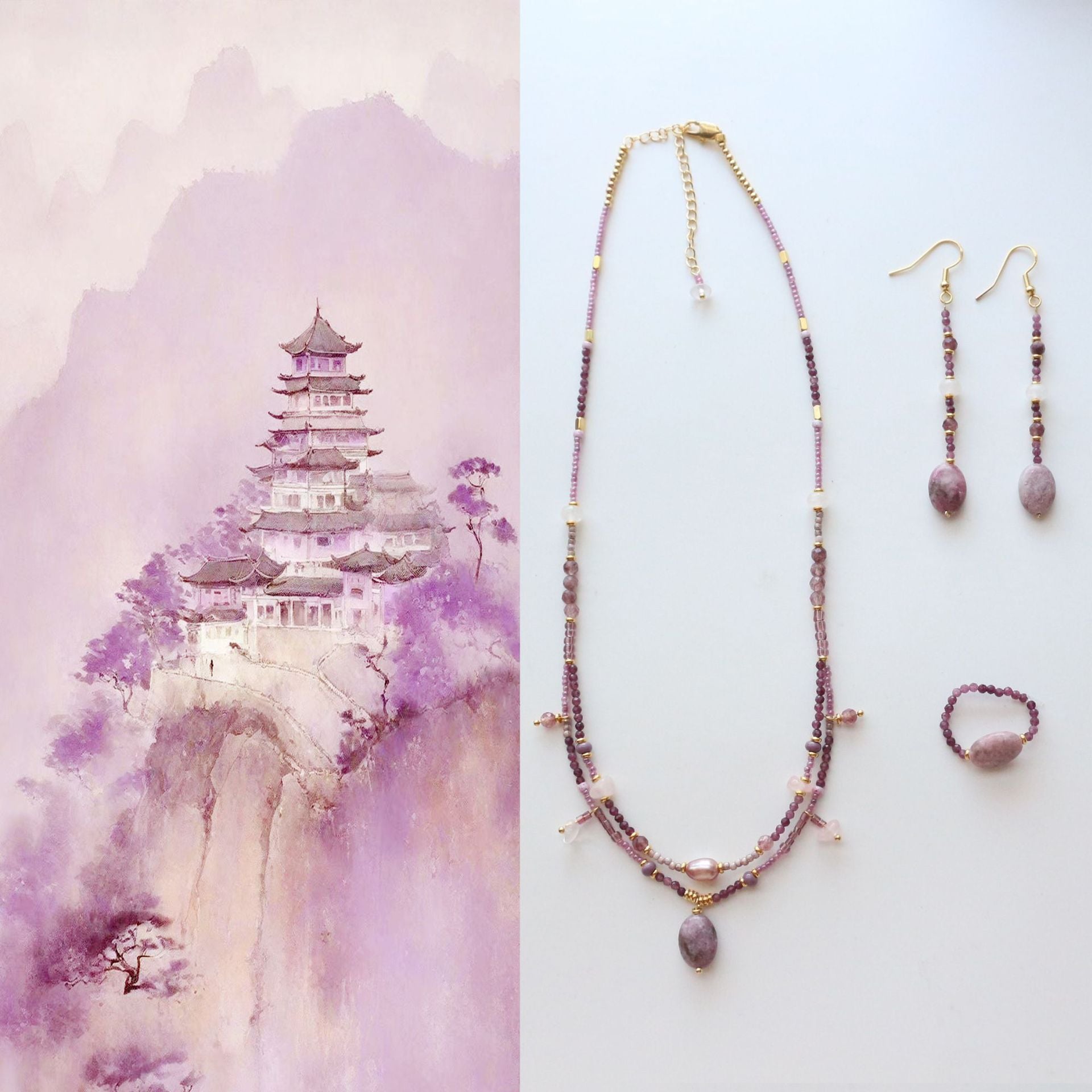 Jekira Lilac Charm Jewelry Set – Layered Baroque Pearl Necklace, Earrings & Ring with Amethyst