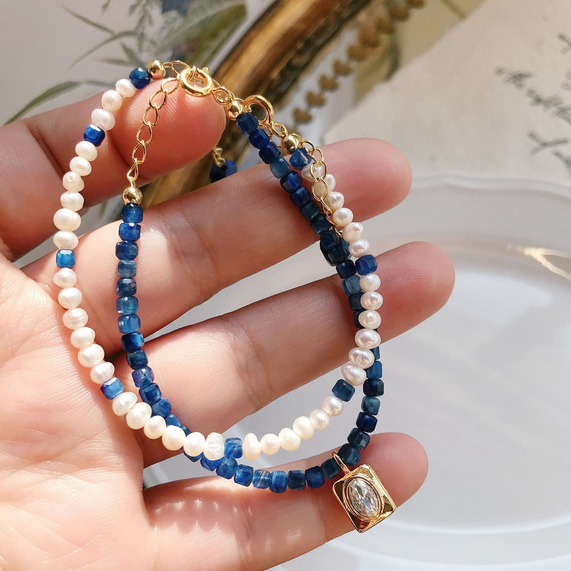 EKIRA Pearl & Raw Blue Crystal Beaded Bracelet