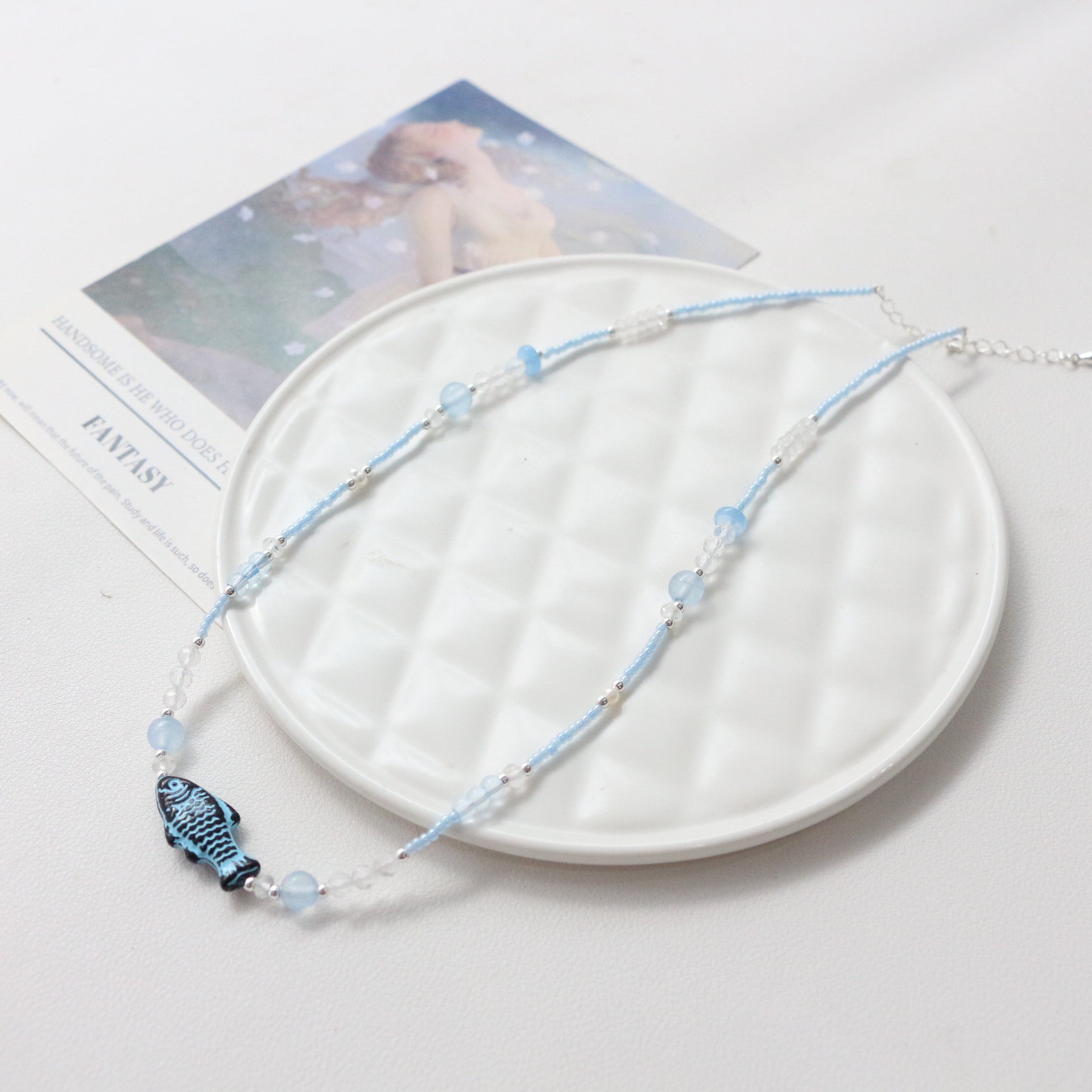 JEKIRA Light Blue Czech Bead Necklace – Fish Pendant 40cm