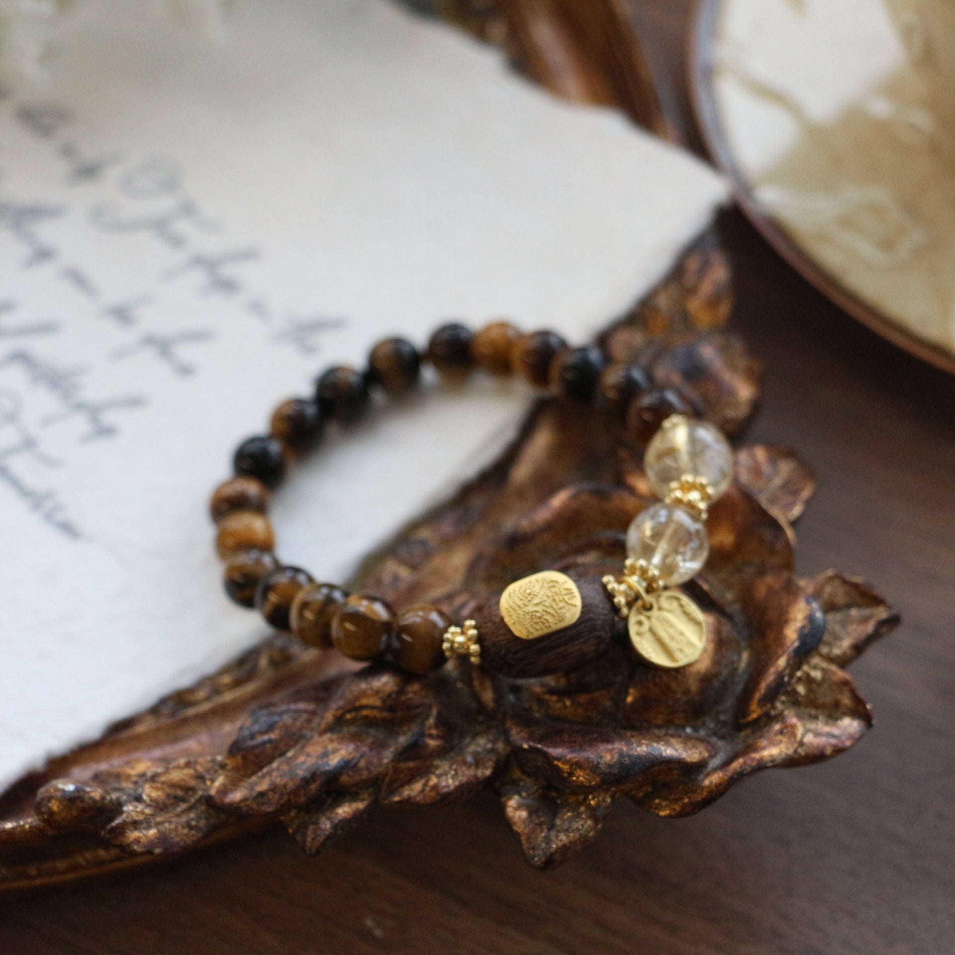 Jekira Tiger Eye Citrine Wood Bead Gold Plated Chain Bracelet 16cm