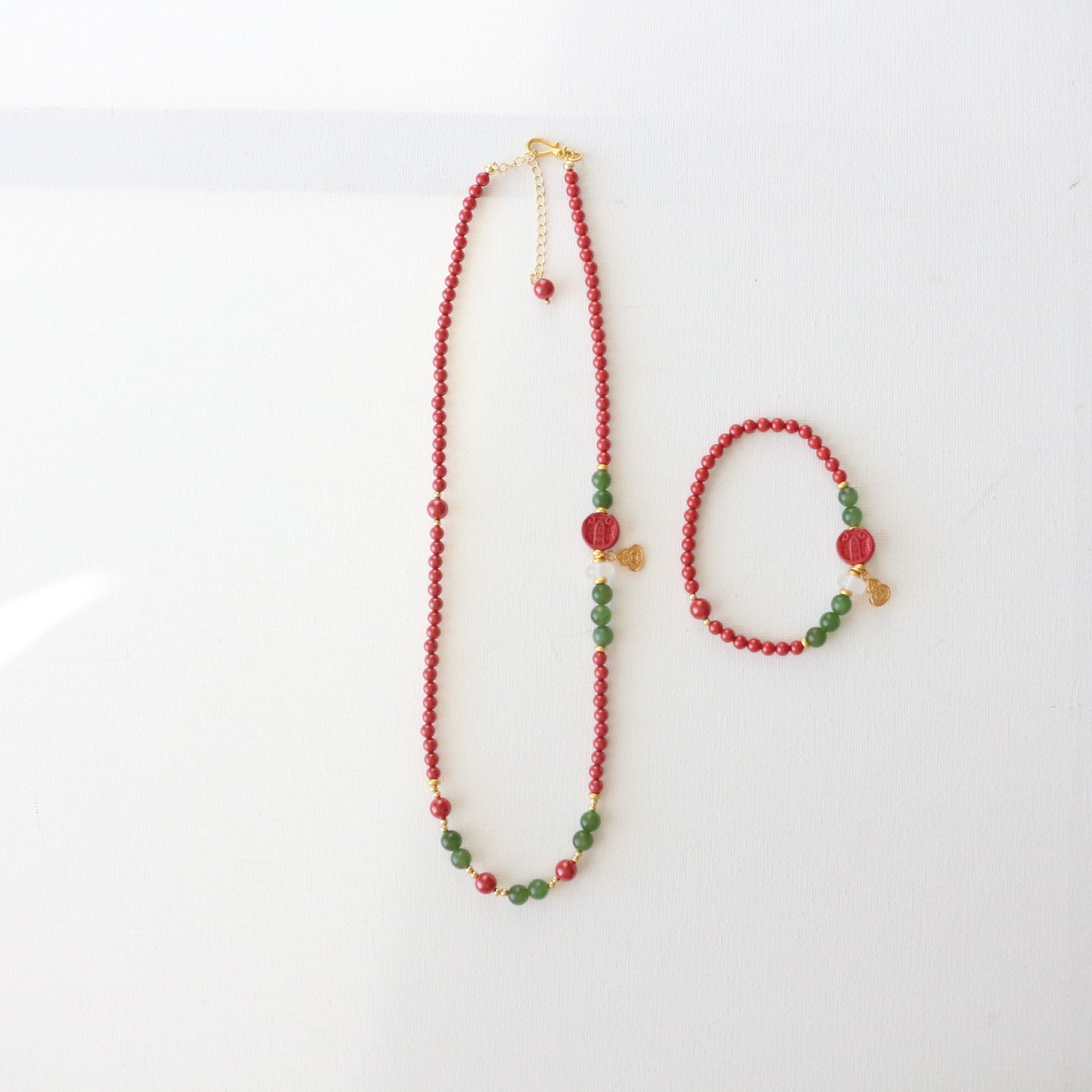 Imperial Sandstone & Emerald Jewelry Set with Gold Gourd Pendant - Jekira