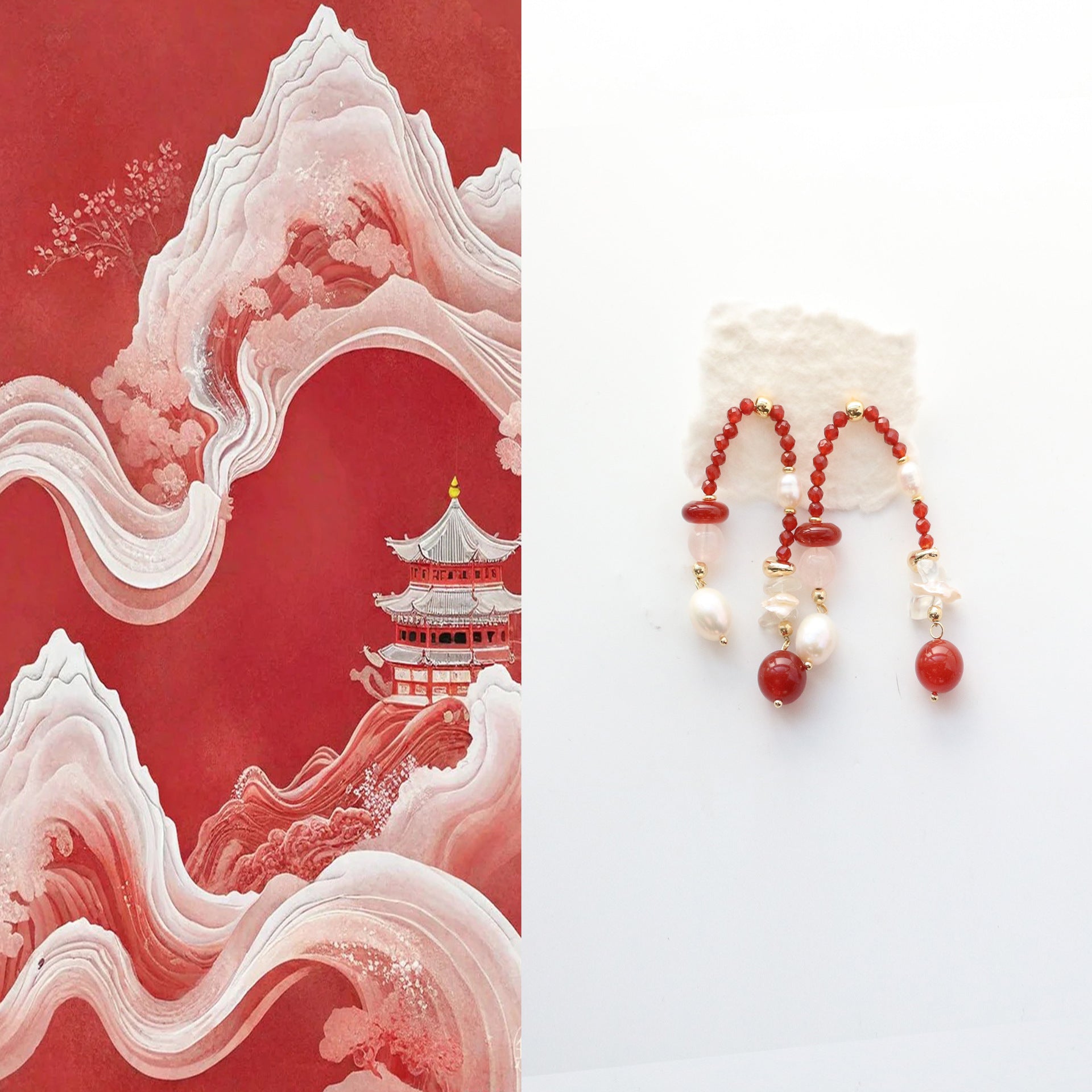 JEKIRA Baroque Pearl & Red Agate Stud Earrings