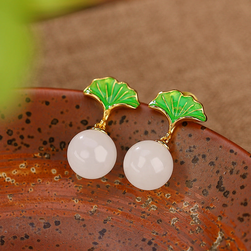 S925 sterling silver white jade ginkgo leaf round bead jewelry