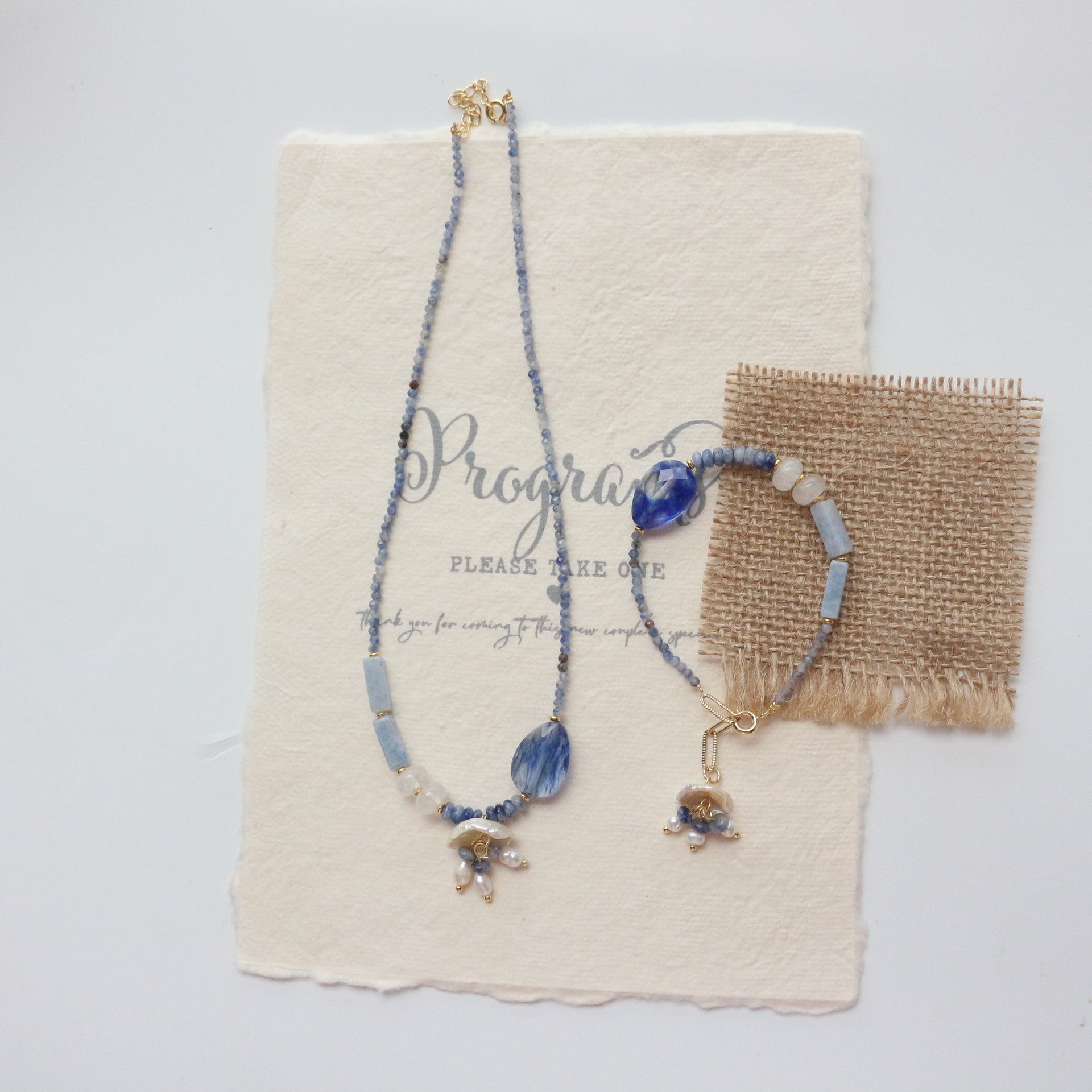 Jekira Blue Gemstone Beaded Necklace & Bracelet Set with Pearls