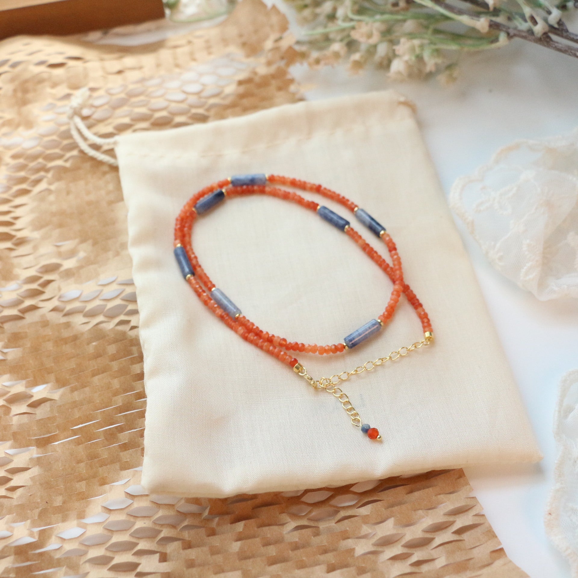JEKIRA Sunset & Ocean Gemstone Necklace: Orange/Blue Gold Bead Chain 42+5cm