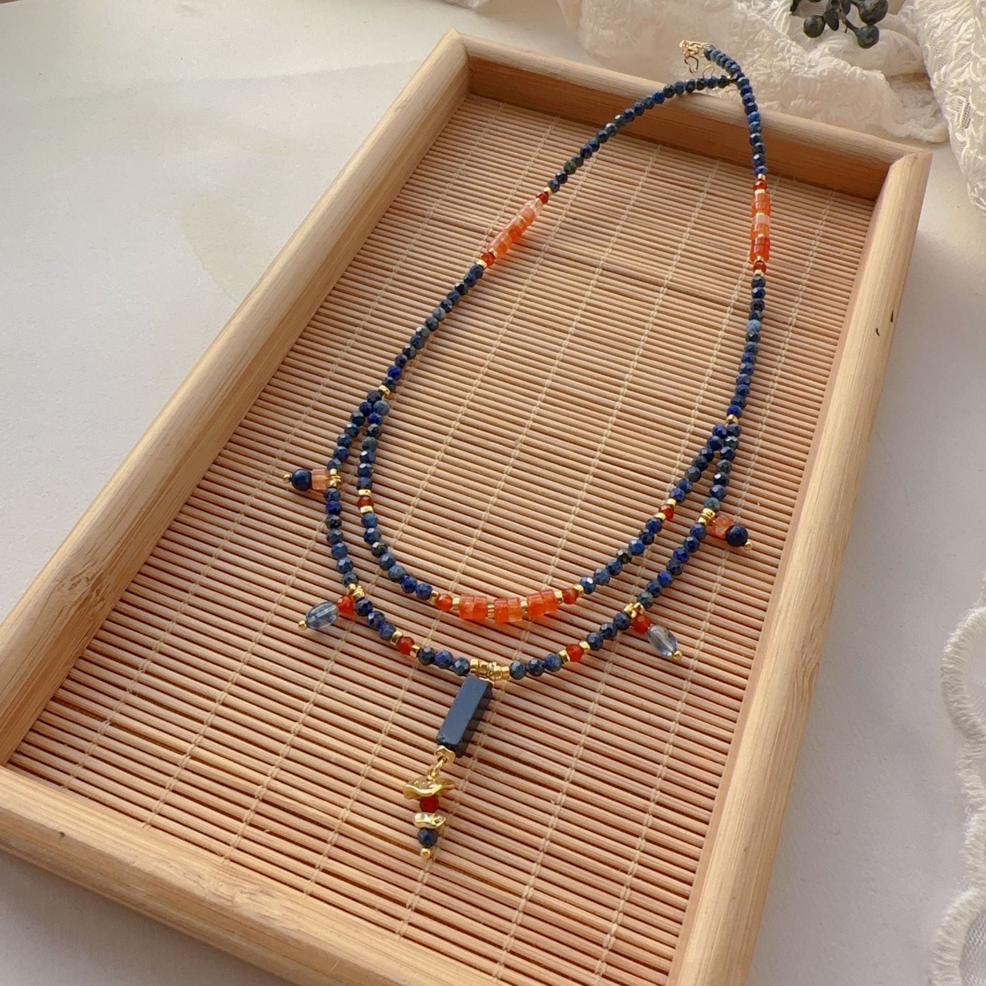 JEKIRA Double-Layer Lapis Lazuli & Red Agate Pendant Necklace