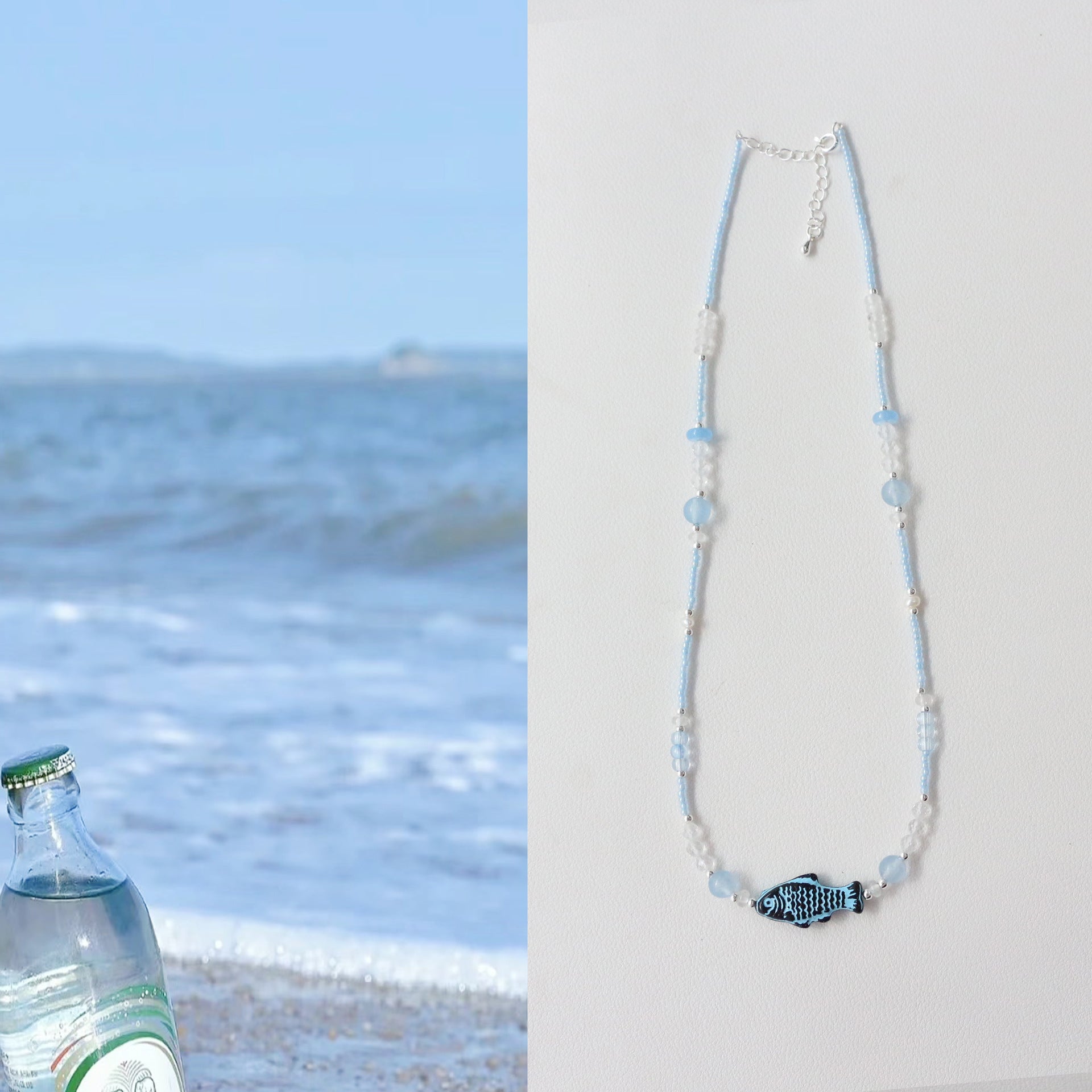 JEKIRA Light Blue Czech Bead Necklace – Fish Pendant 40cm