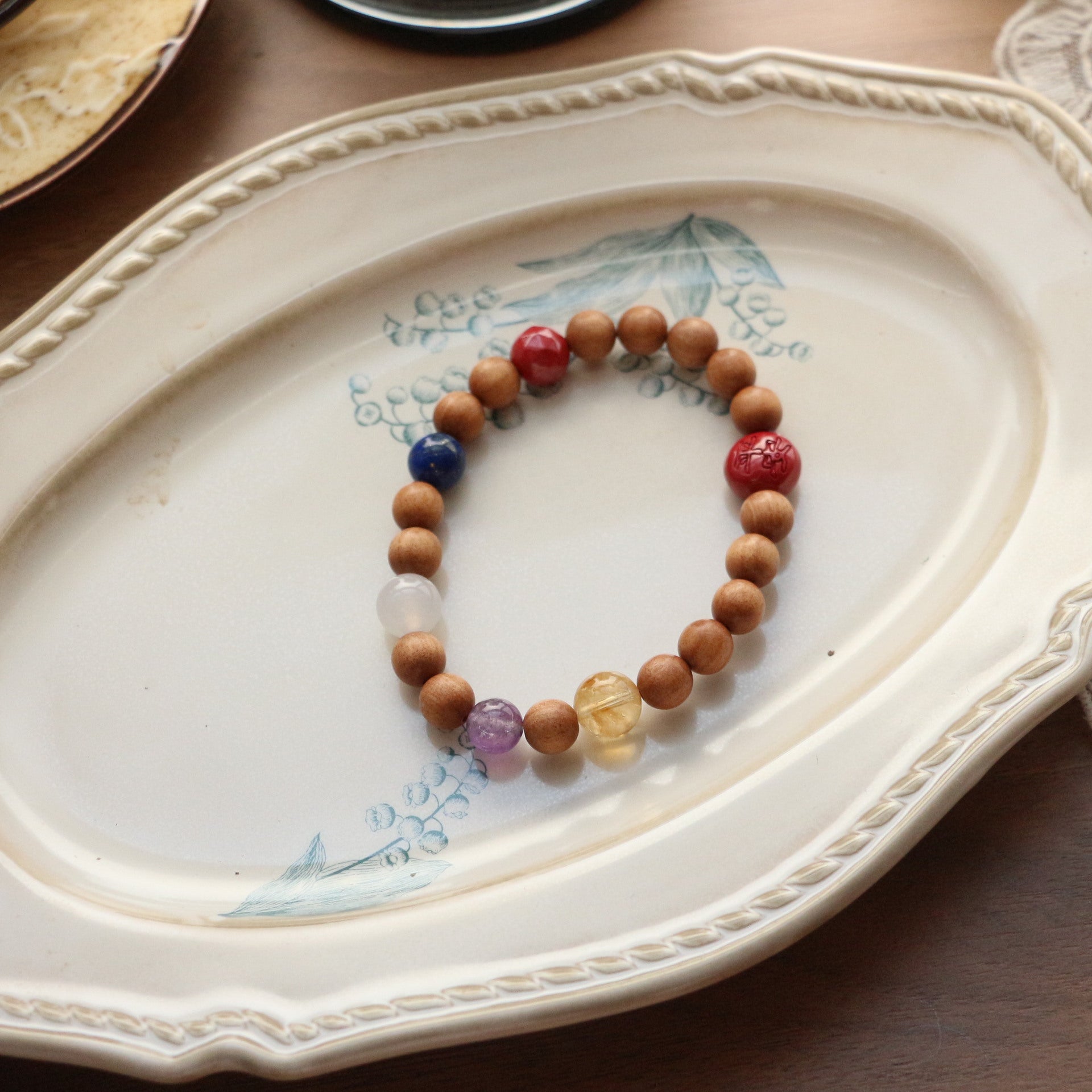 Jekira Chakra Balancing Bracelet: Sandalwood & Multi-Crystal with Royal Cinnabar