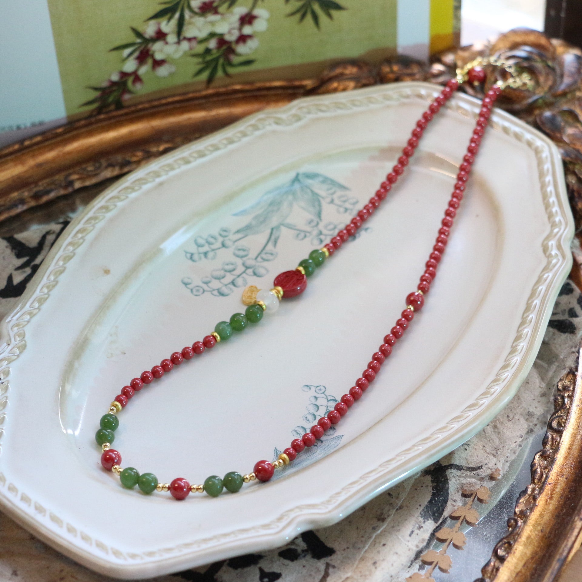 Imperial Sandstone & Emerald Jewelry Set with Gold Gourd Pendant - Jekira