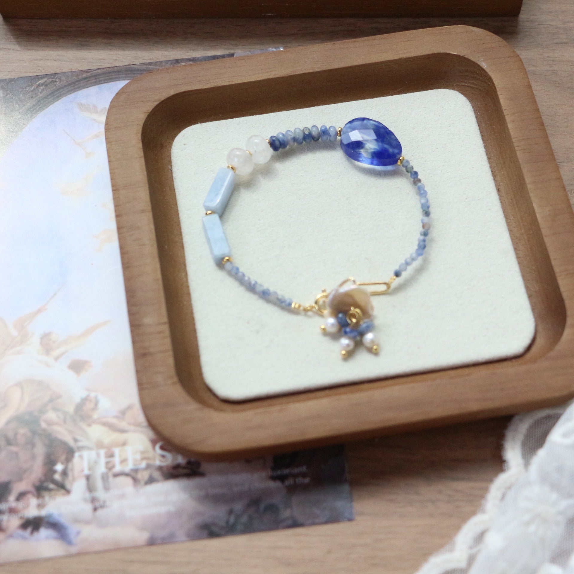 Jekira Blue Gemstone Beaded Necklace & Bracelet Set with Pearls