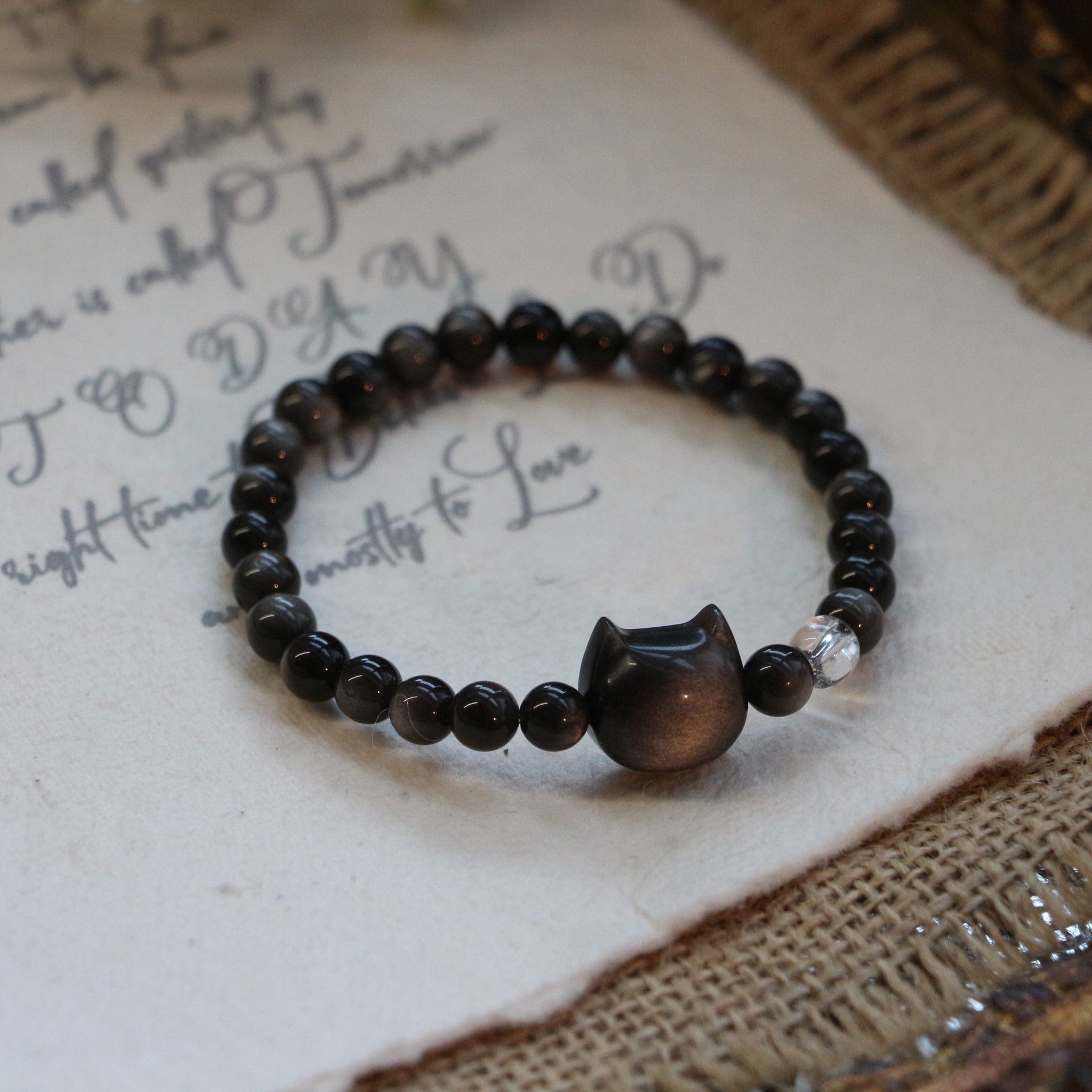 JEKIRA Minimalist Obsidian & Cat Charm Bracelet Set