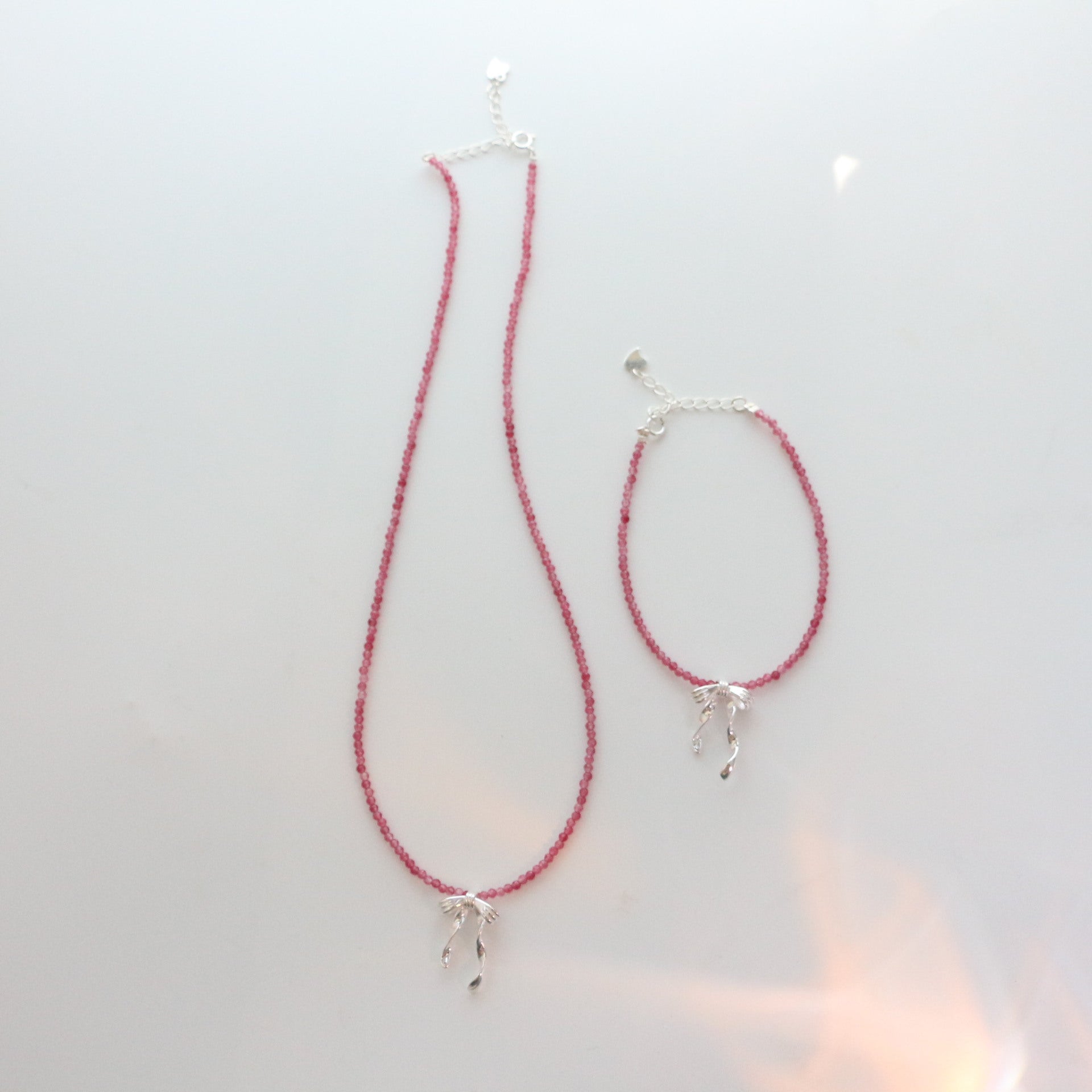 Jekira 2mm Pink Tourmaline & Sterling Silver Bow Necklace + Bracelet Set