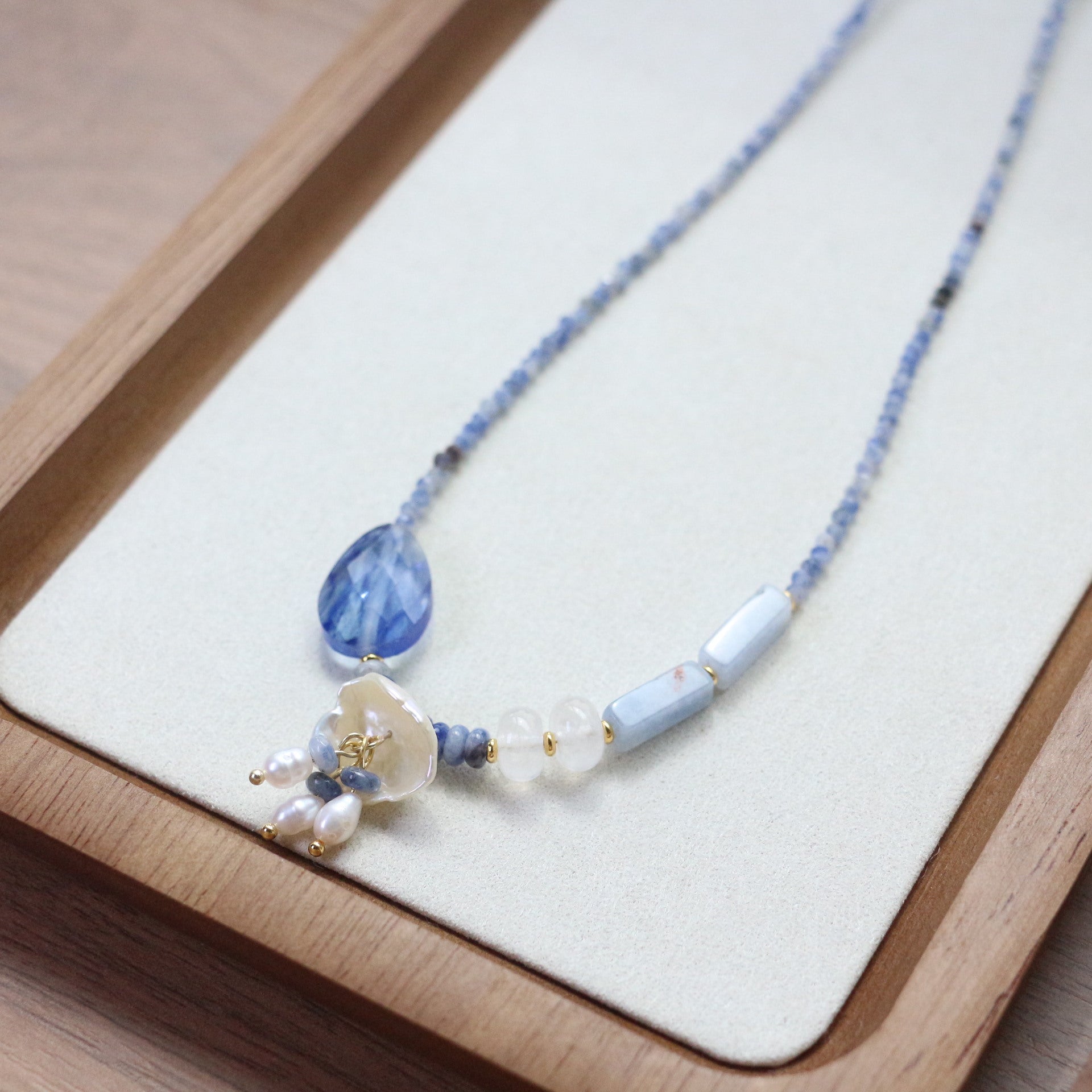 Jekira Blue Gemstone Beaded Necklace & Bracelet Set with Pearls