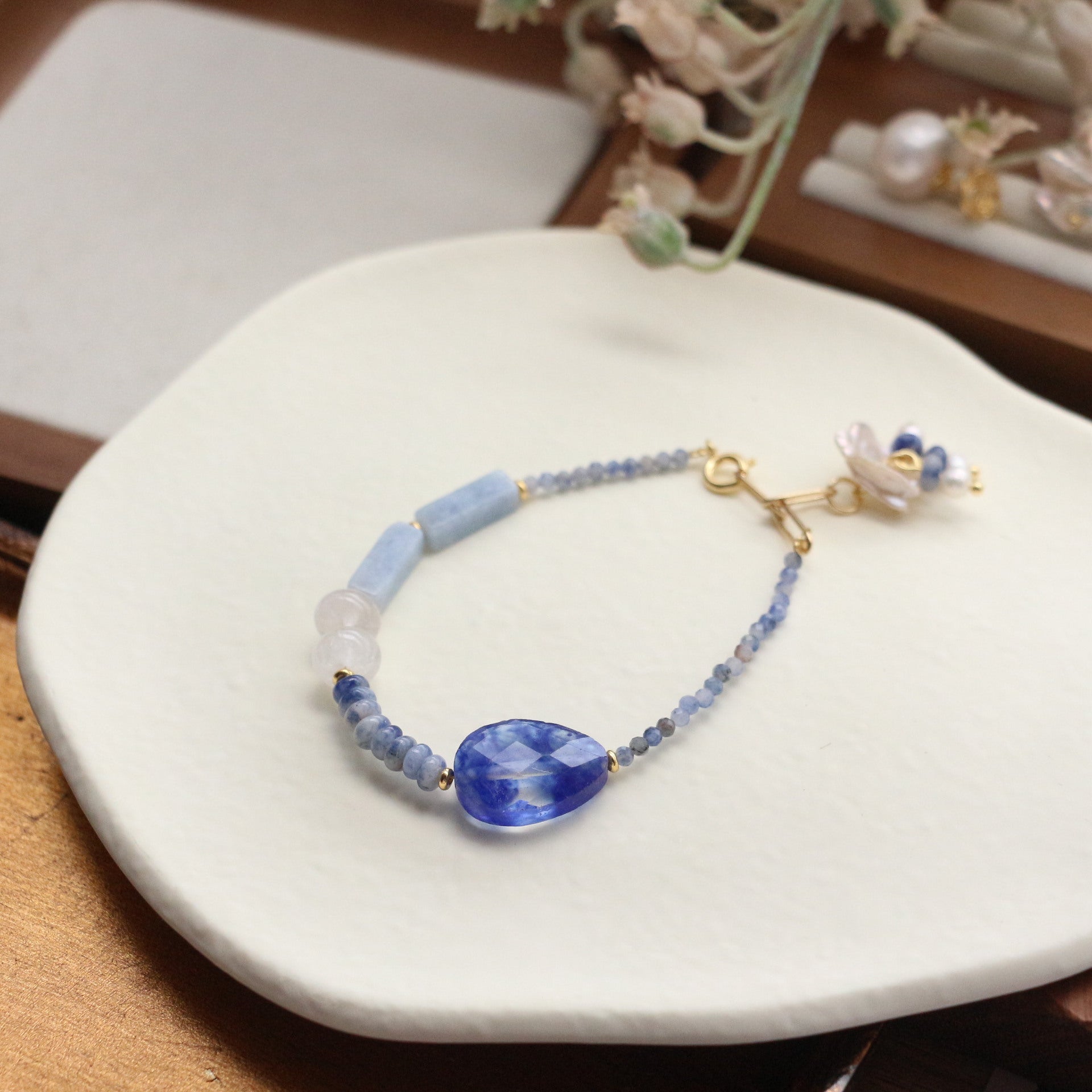 Jekira Blue Gemstone Beaded Necklace & Bracelet Set with Pearls
