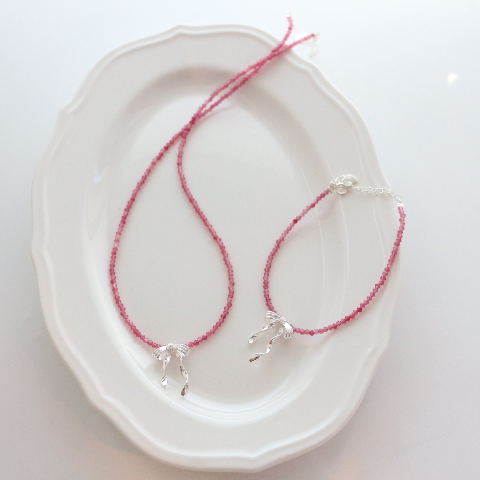 Jekira 2mm Pink Tourmaline & Sterling Silver Bow Necklace + Bracelet Set